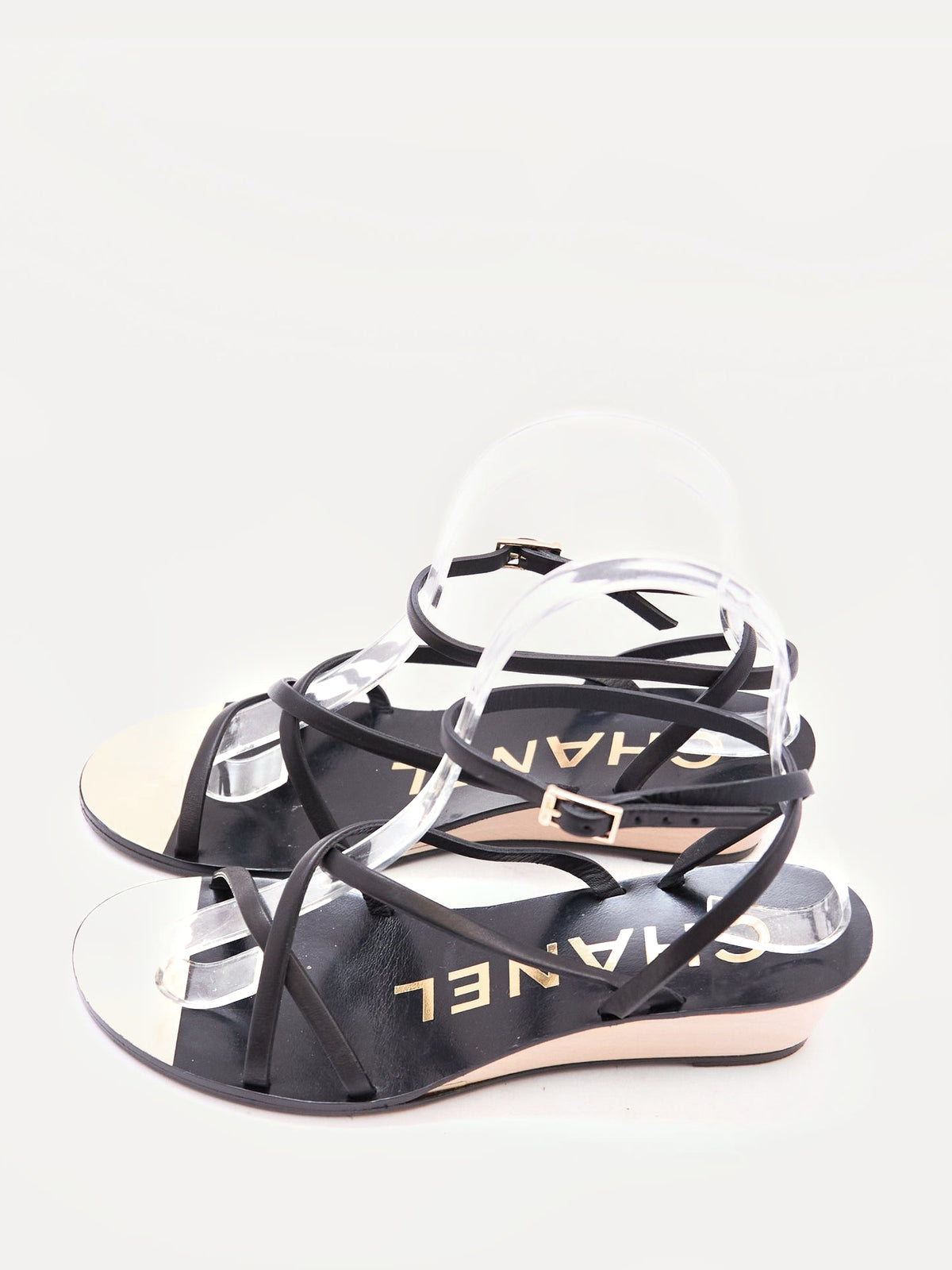 Chanel Black Strappy Wedge Sandals Size 36.5