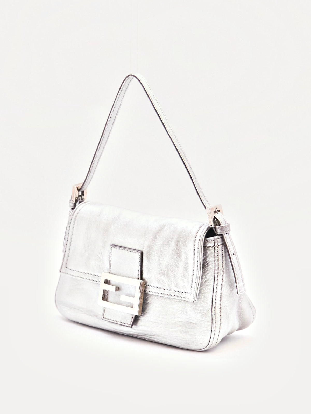Fendi Silver Leather Mini Baguette