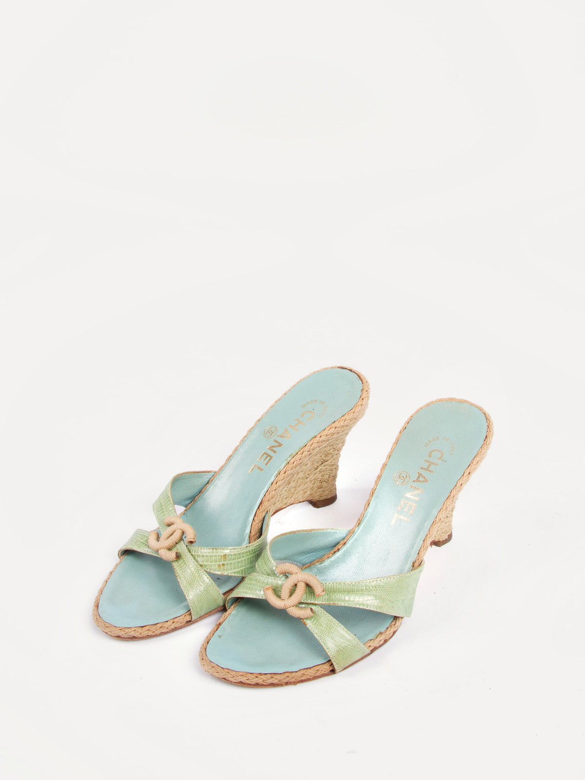 Vintage Chanel 2000s Size 36 Green Blue Espadrille Wedge | Y2K Designer Heels Shoes