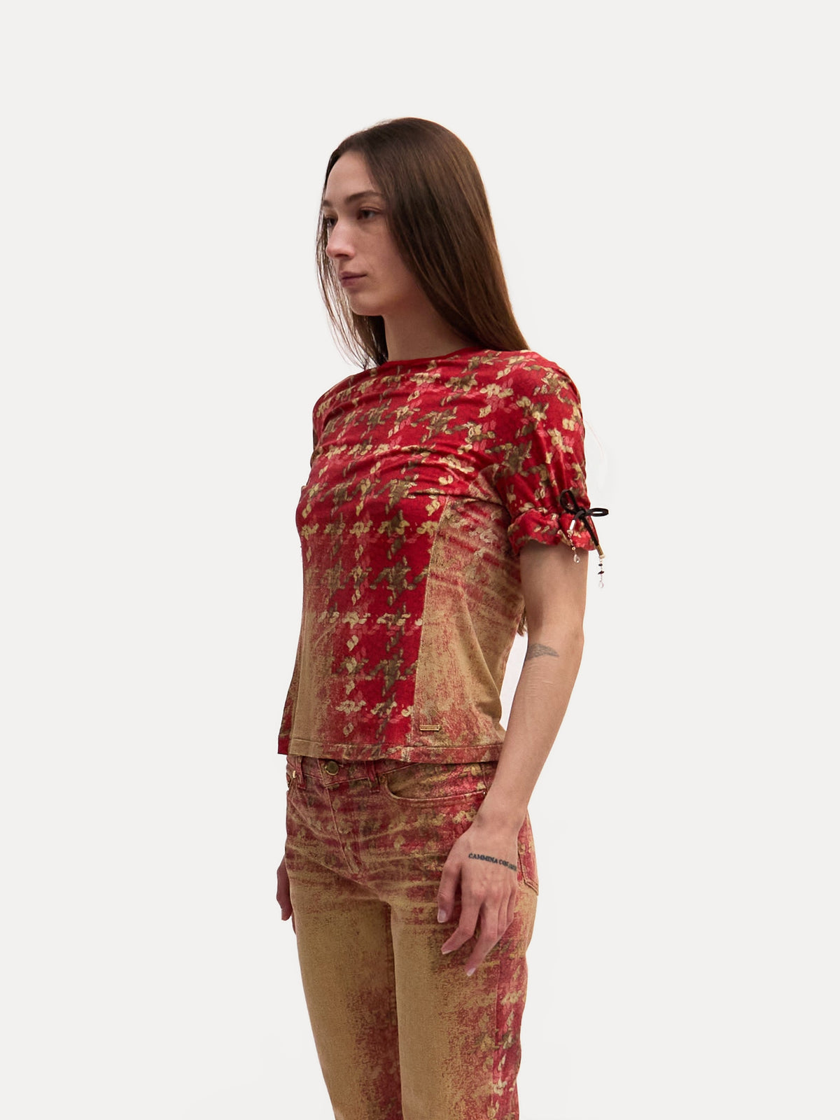 2002 Roberto Cavalli Red Plaid Runway Burnout Top