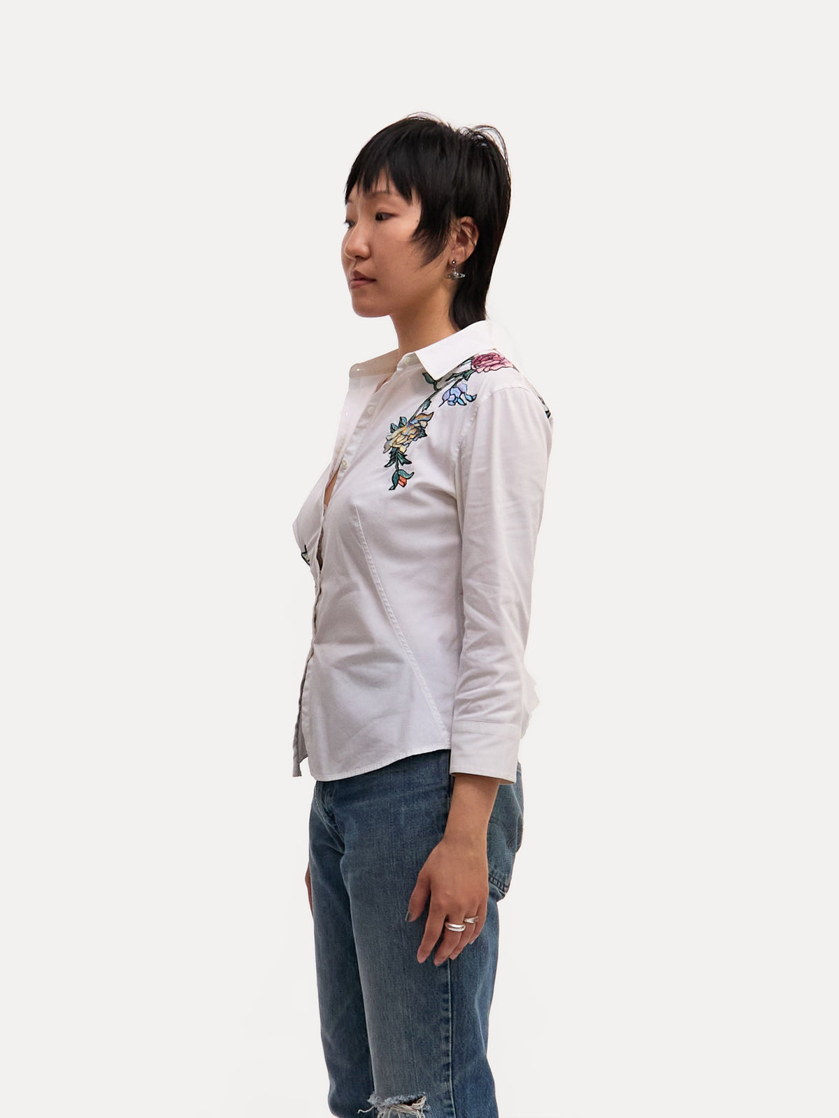 2003 Roberto Cavalli White Amour Embroidered Tattoo Print White Button Down