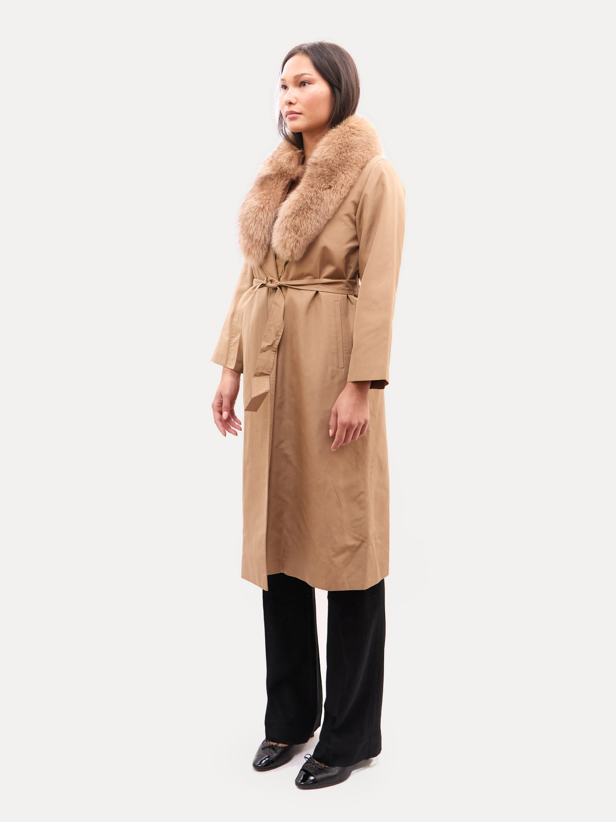 Vintage Tan Trench Coat with Fox Fur Collar