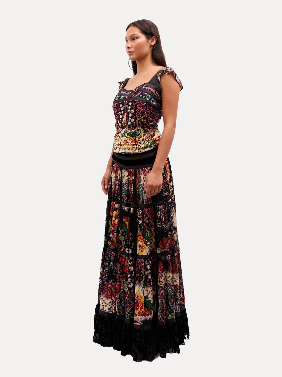 2000s Just Cavalli Multicolor Paisley And Leopard Print Black Velvet Ruffle Maxi Skirt Set