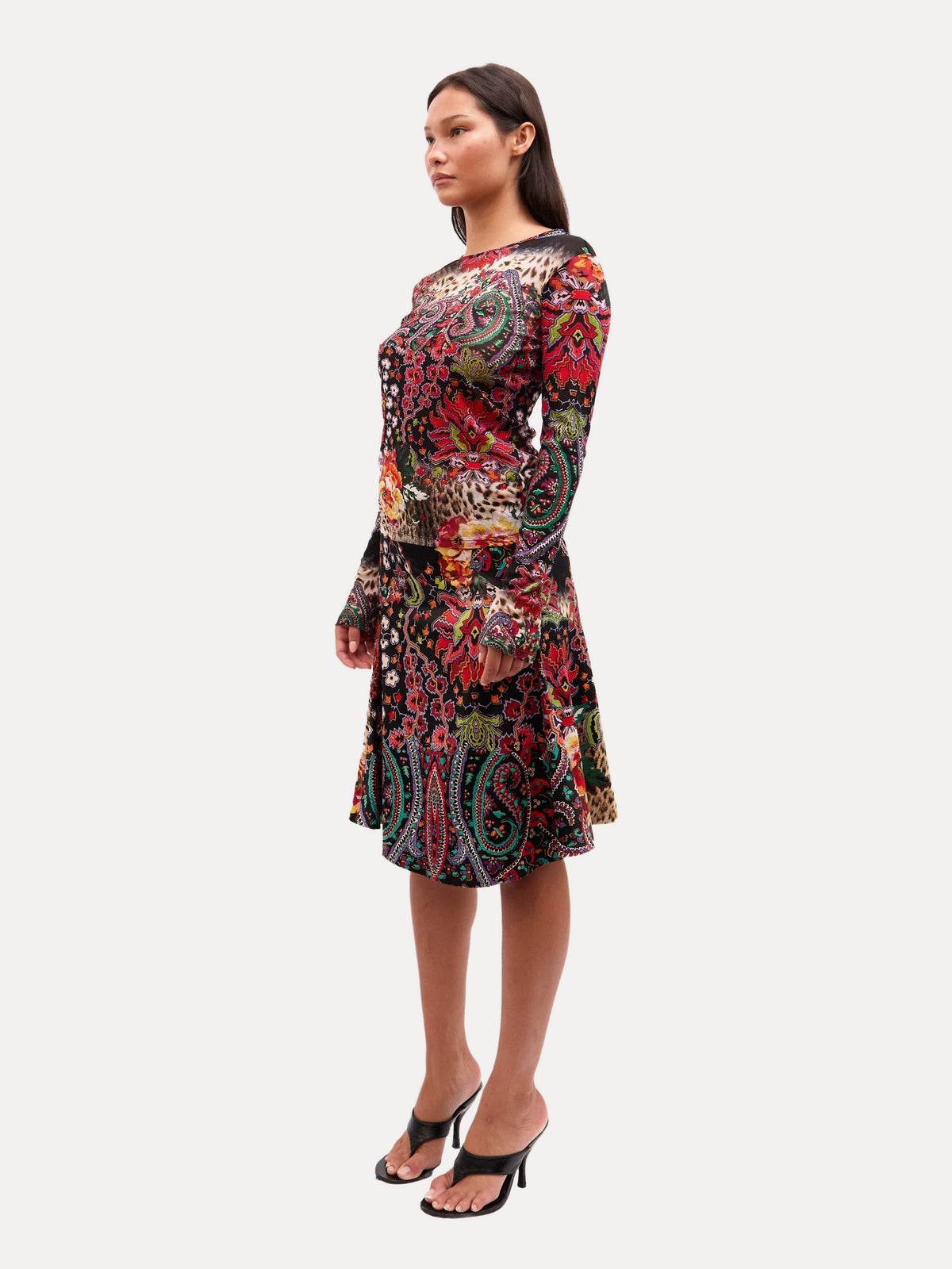 2000s Just Cavalli Multicolor Paisley Floral Patchwork Mesh Top and Mini Skirt Set