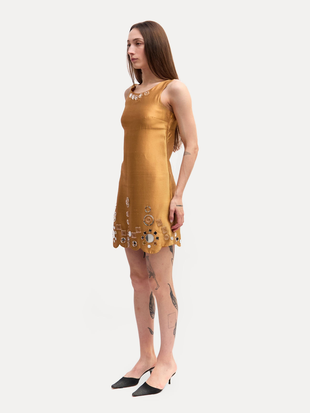 Miu Miu Gold Silk Rhinestone Mini Dress
