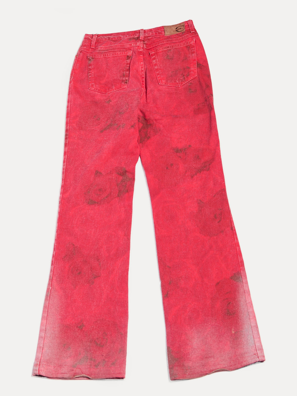 2000s Roberto Cavalli Crimson Red Denim with Black Rose Shadow Print Flare Jeans Size M W29