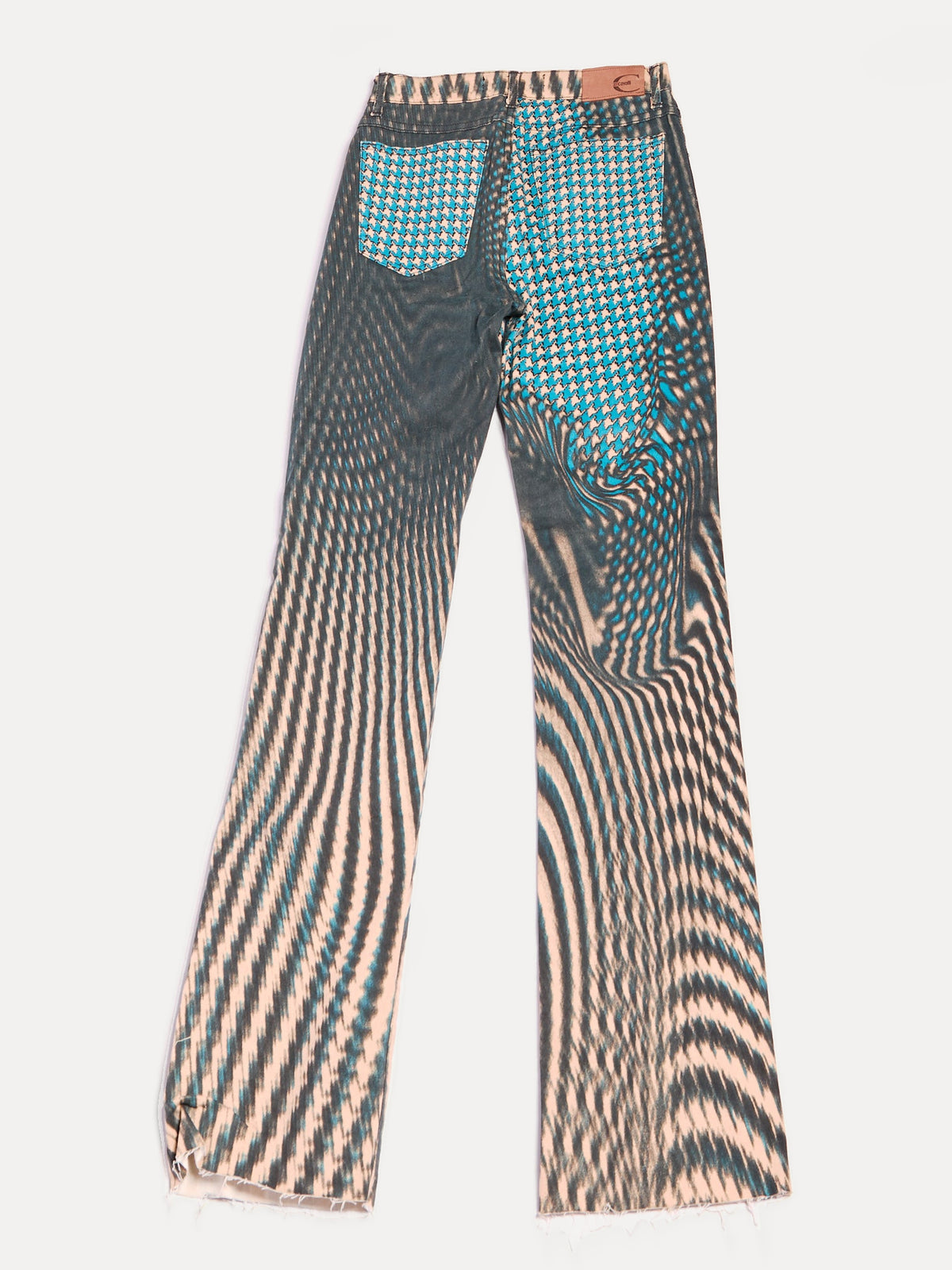 2000s Just Cavalli Black and Tan Optical Houndstooth Warp Print Flare Jeans Size S W26