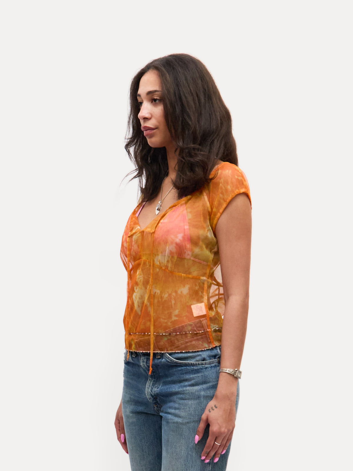 Cavalli Jeans Orange Mesh Beaded Top