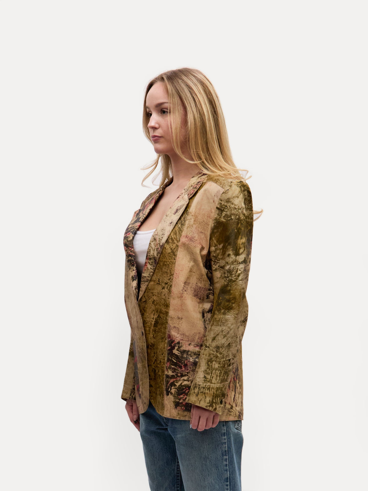 90's Roberto Cavalli Tan Painted Multicolor Patchwork Leather Blazer