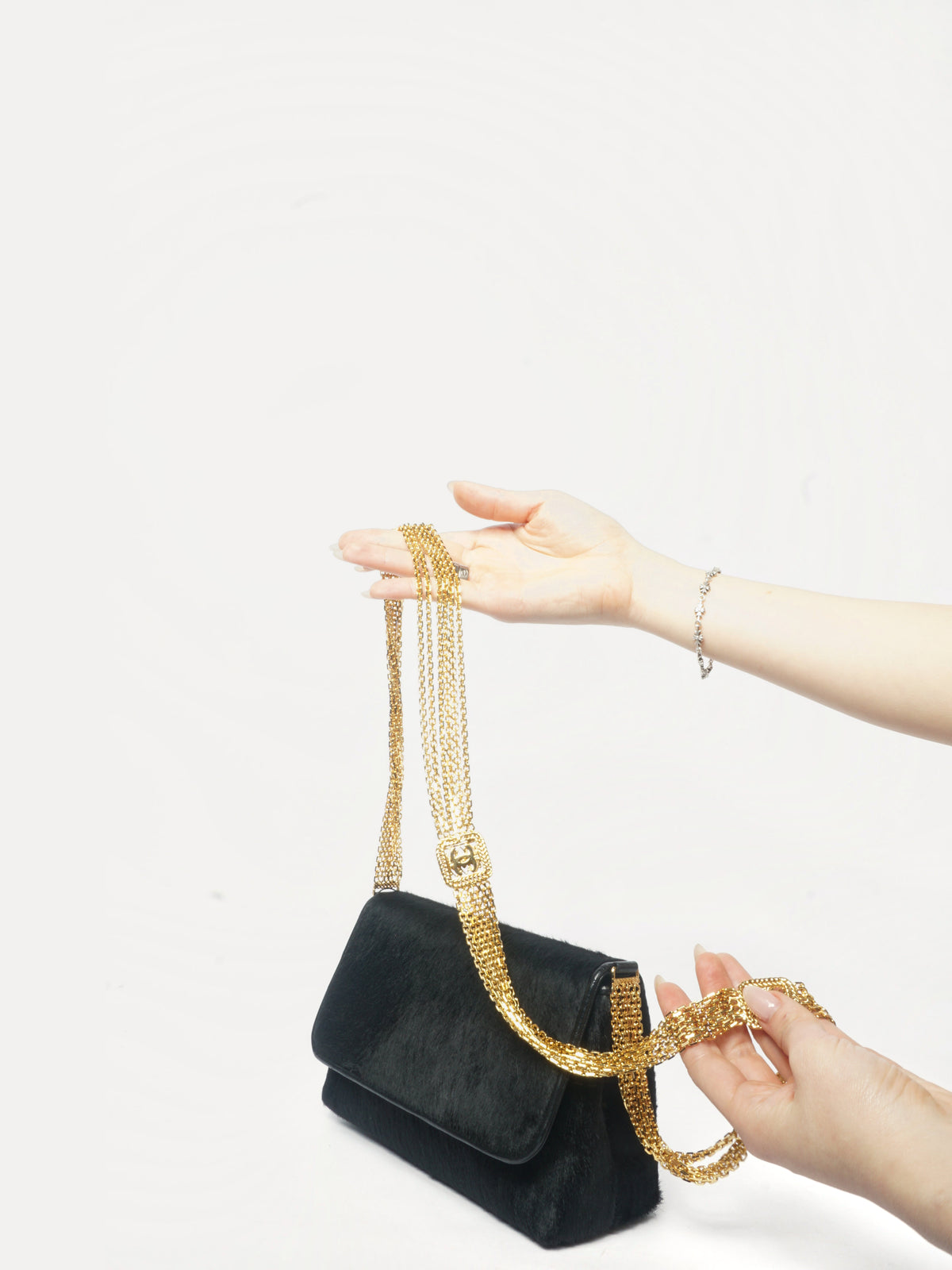 90's Chanel Black Ponyhair Multistrand CC Evening Bag