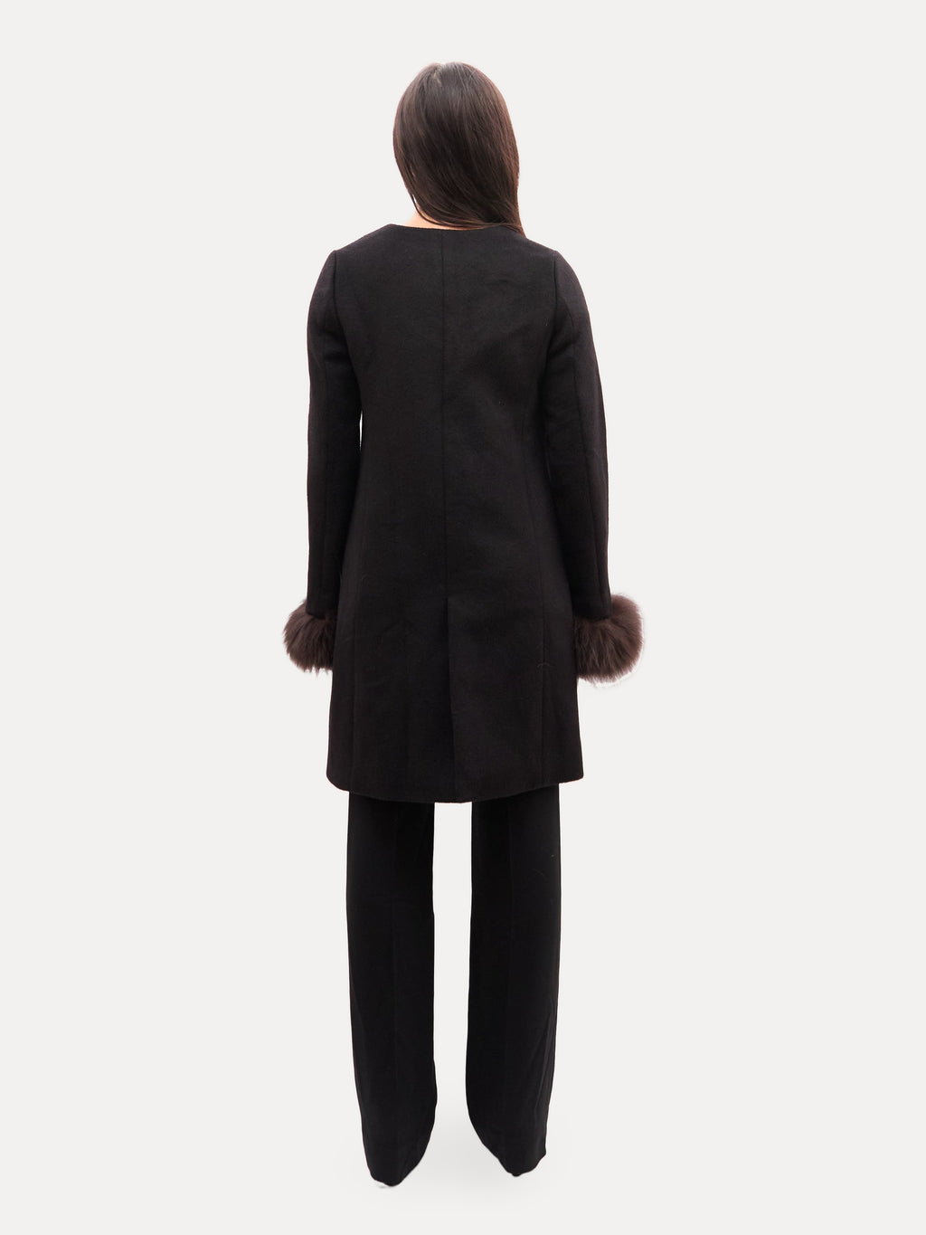 Vintage Black Cashmere Collarless Fox Fur Trim Coat