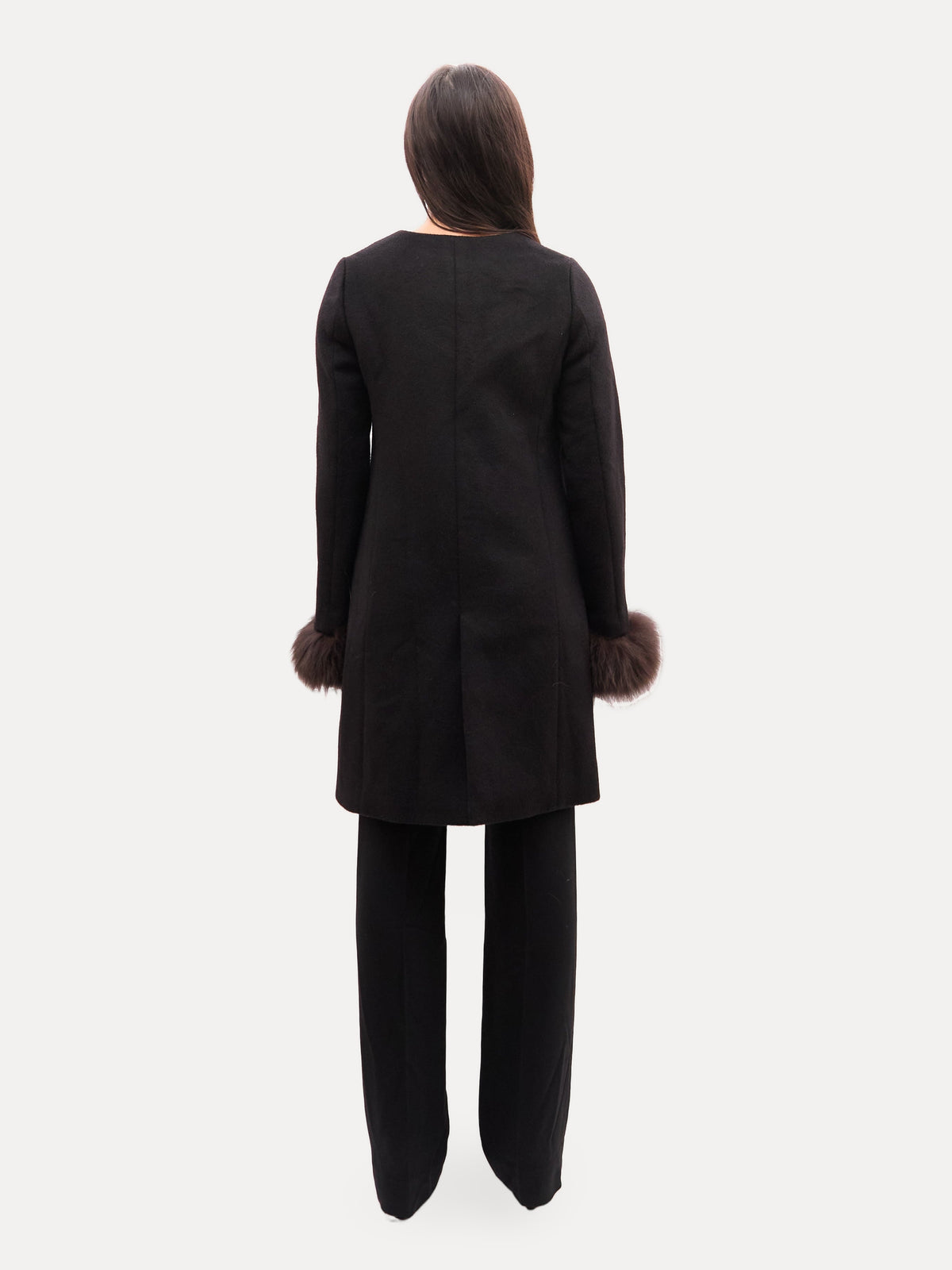 Vintage Black Cashmere Collarless Fox Fur Trim Coat
