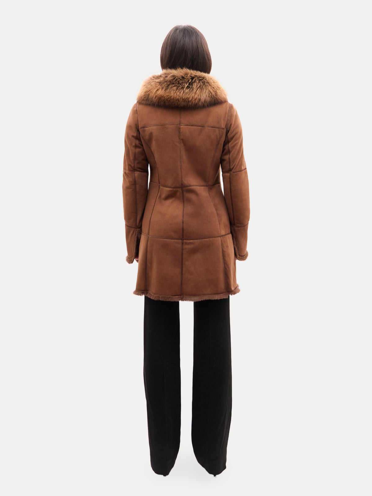 Vintage Brown Shearling Coat with Fox Fur Trim