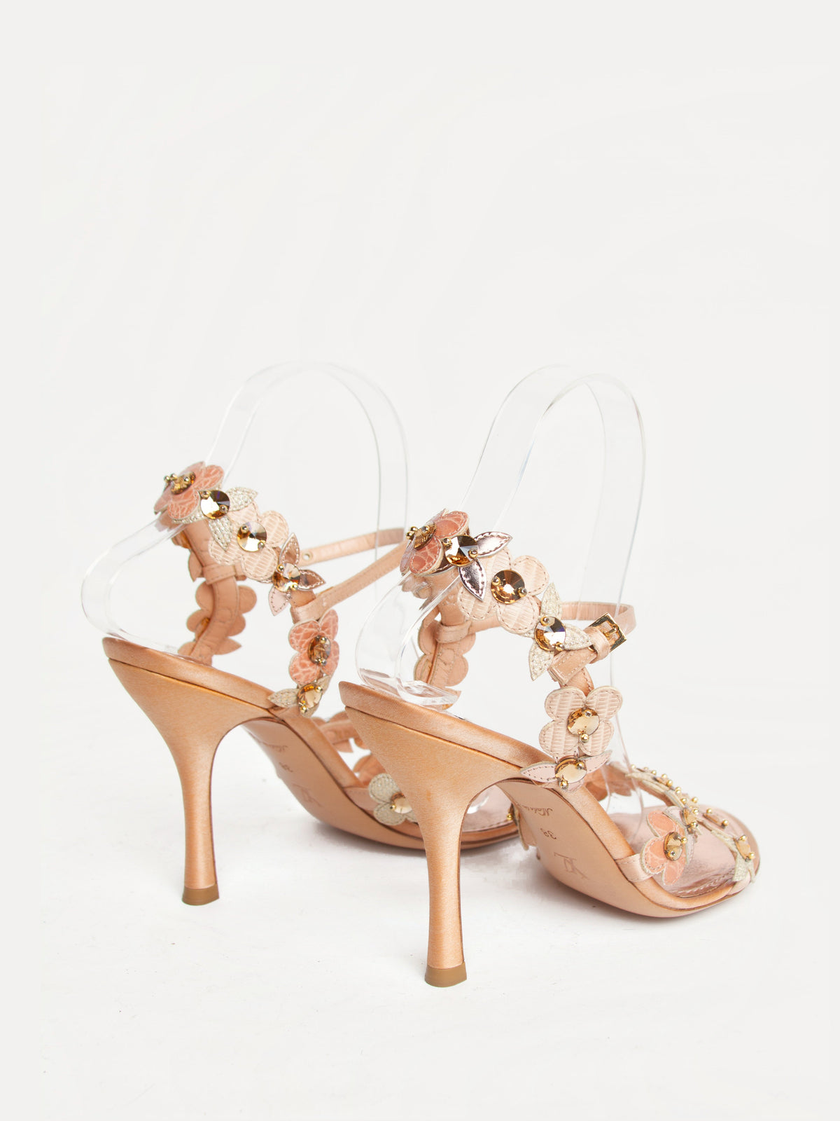 Louis Vuitton Size 38 Rose Gold Leather Flower Crystal Embellished Sandals with Box | Y2K Designer Shoes Heels