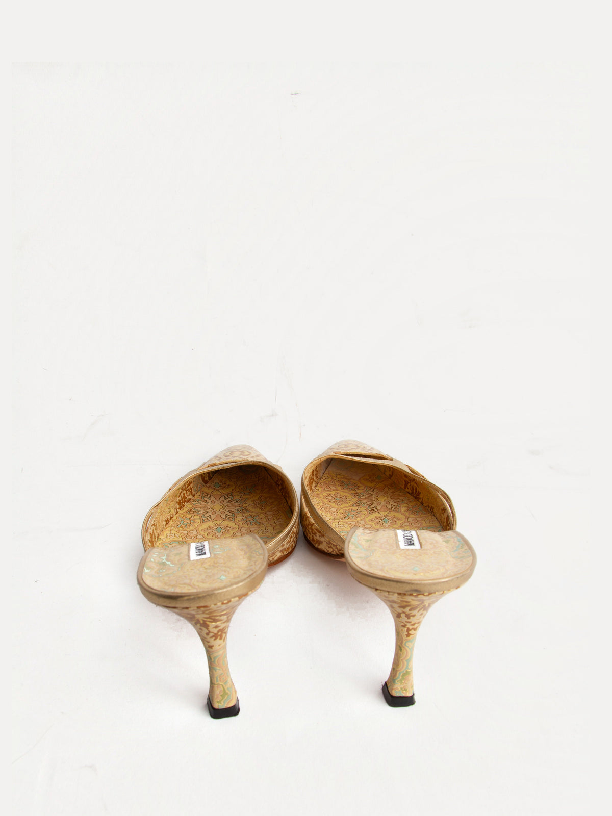 Manolo Blahnik Size 39.5 Gold Embroidered Mules| Y2K Designer Heels Shoes