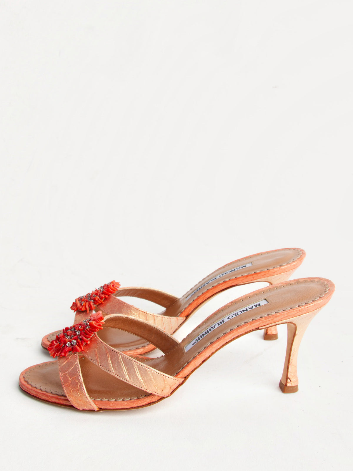 Manolo Blahnik Size 36 Orange Metallic Beading Detail Mules| Y2K Designer Heels Shoes