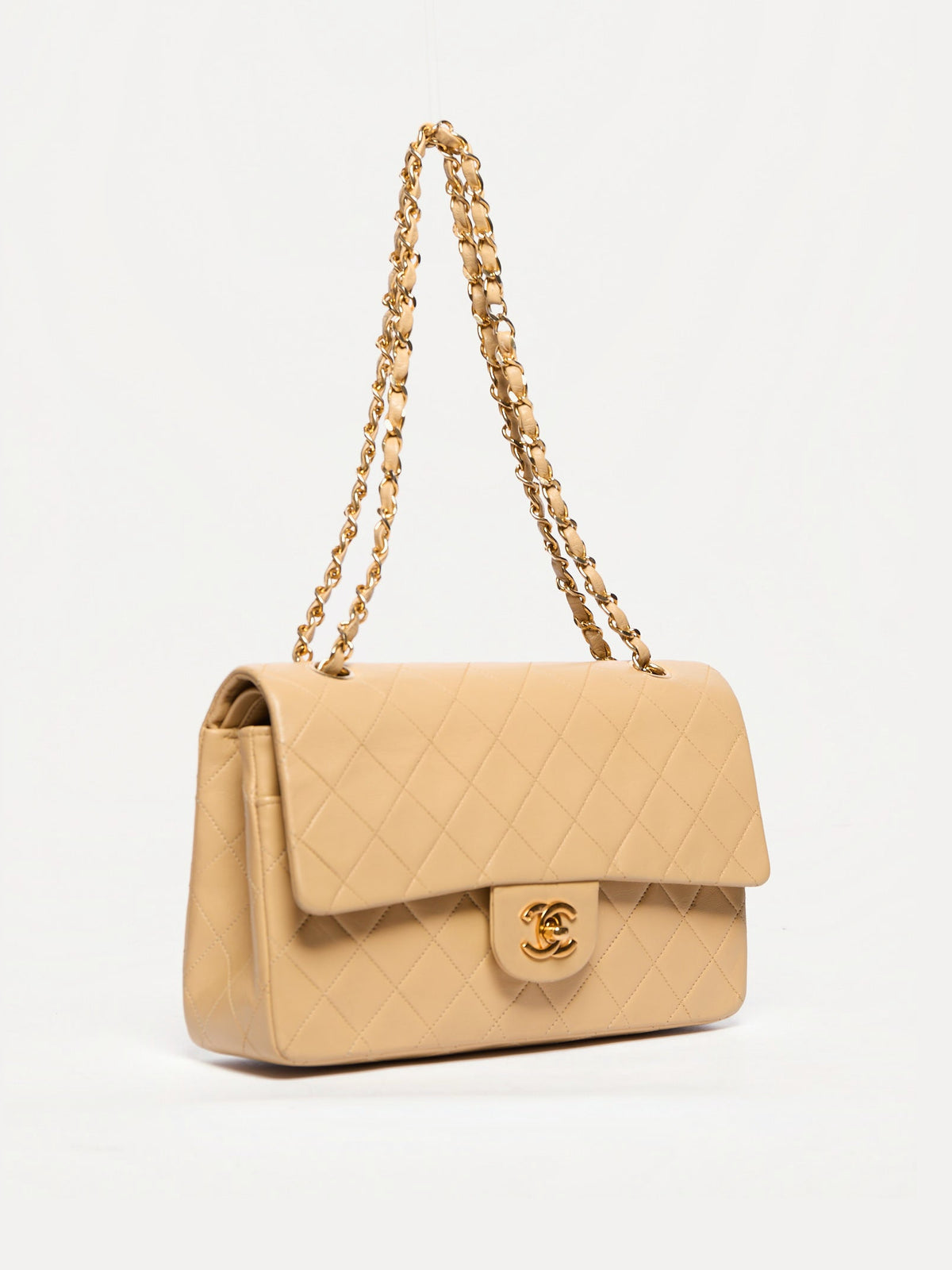 90's Chanel Beige Double Flap Bag 24k Gold Hardware