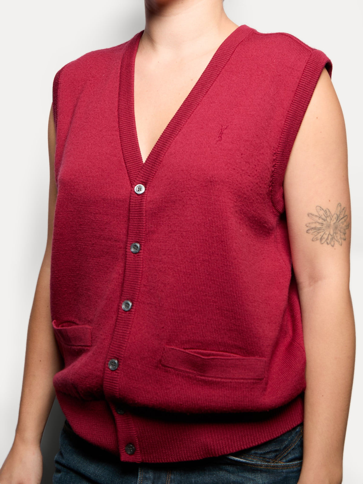 90s Yves Saint Laurent Red Wool Logo Embroidery Knit Vest