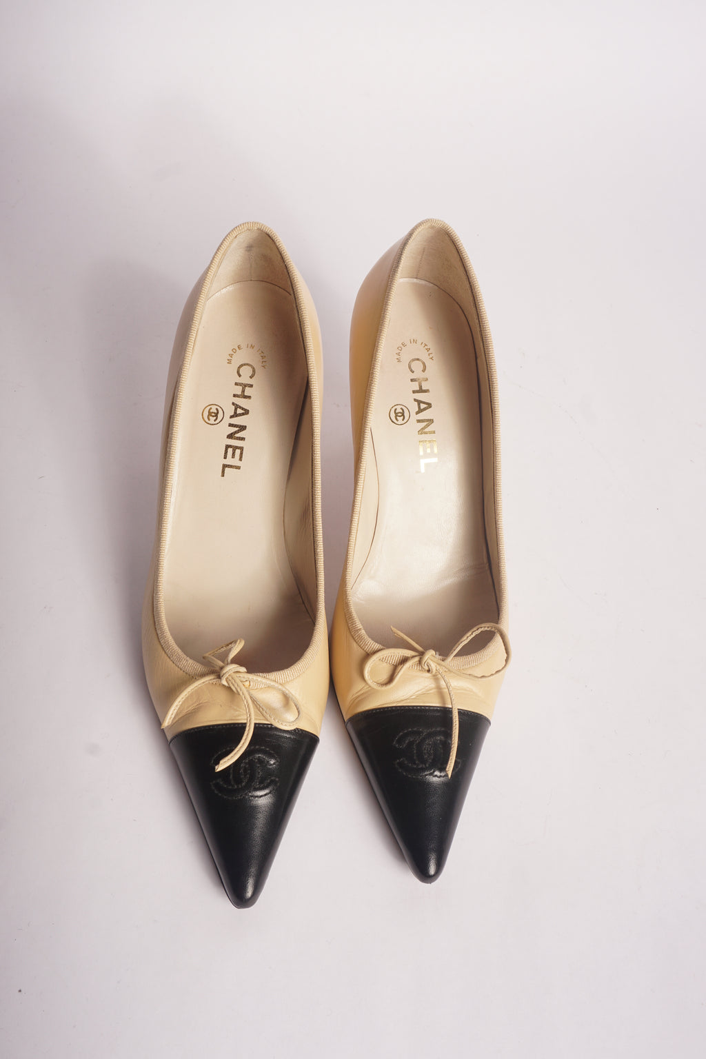 Chanel Tan Pointy Cap Toe Pumps, FR 38.5