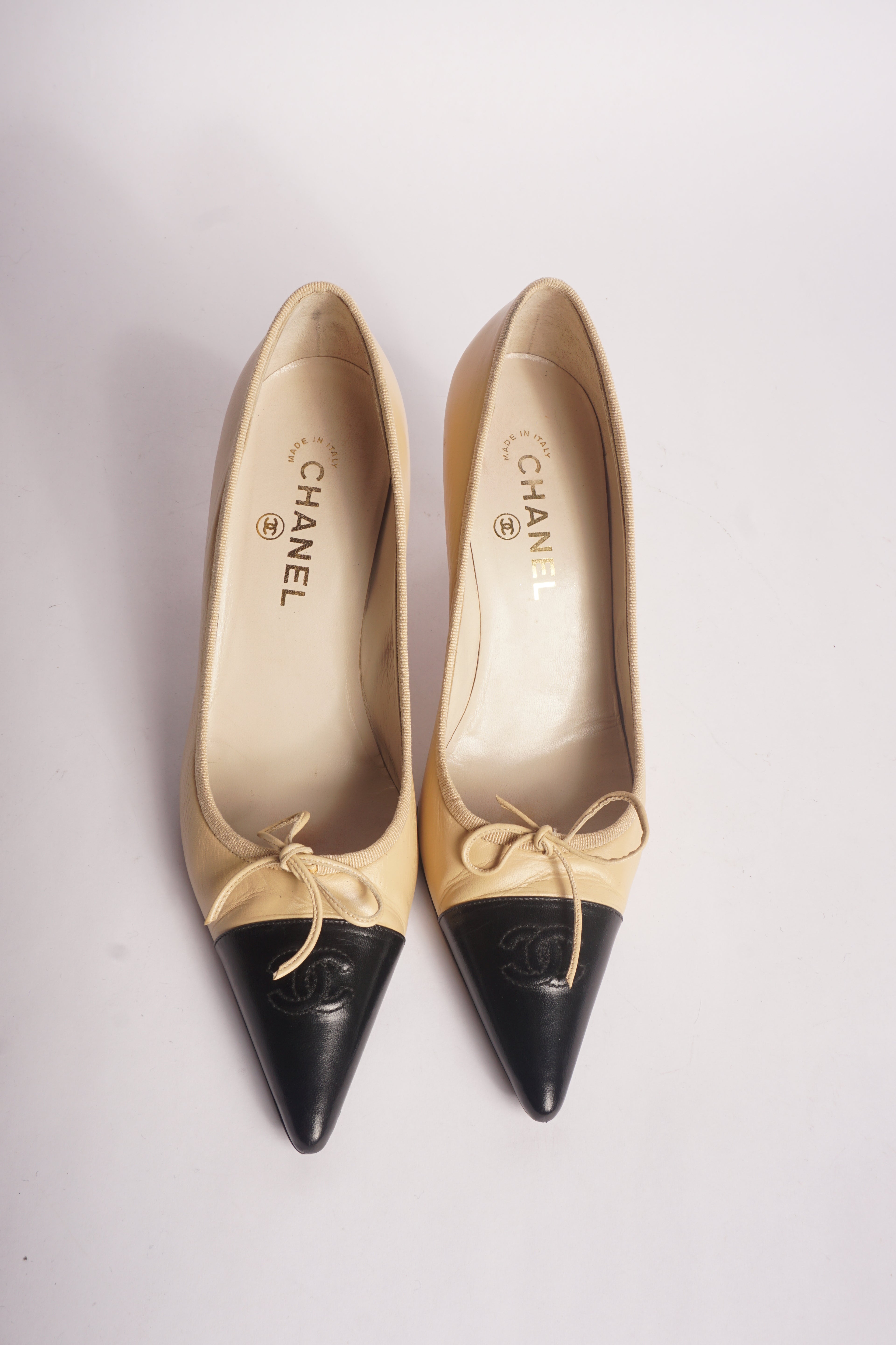 Chanel Tan Pointy Cap Toe Pumps, FR 38.5