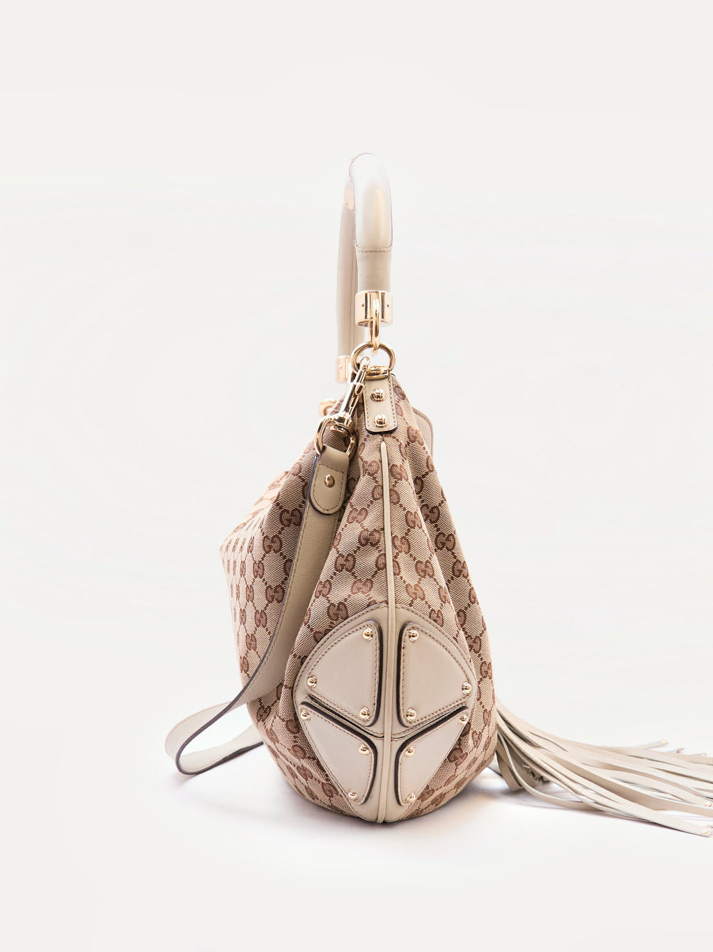 00's Gucci Indy Bamboo Beige GG Canvas Sholder Bag