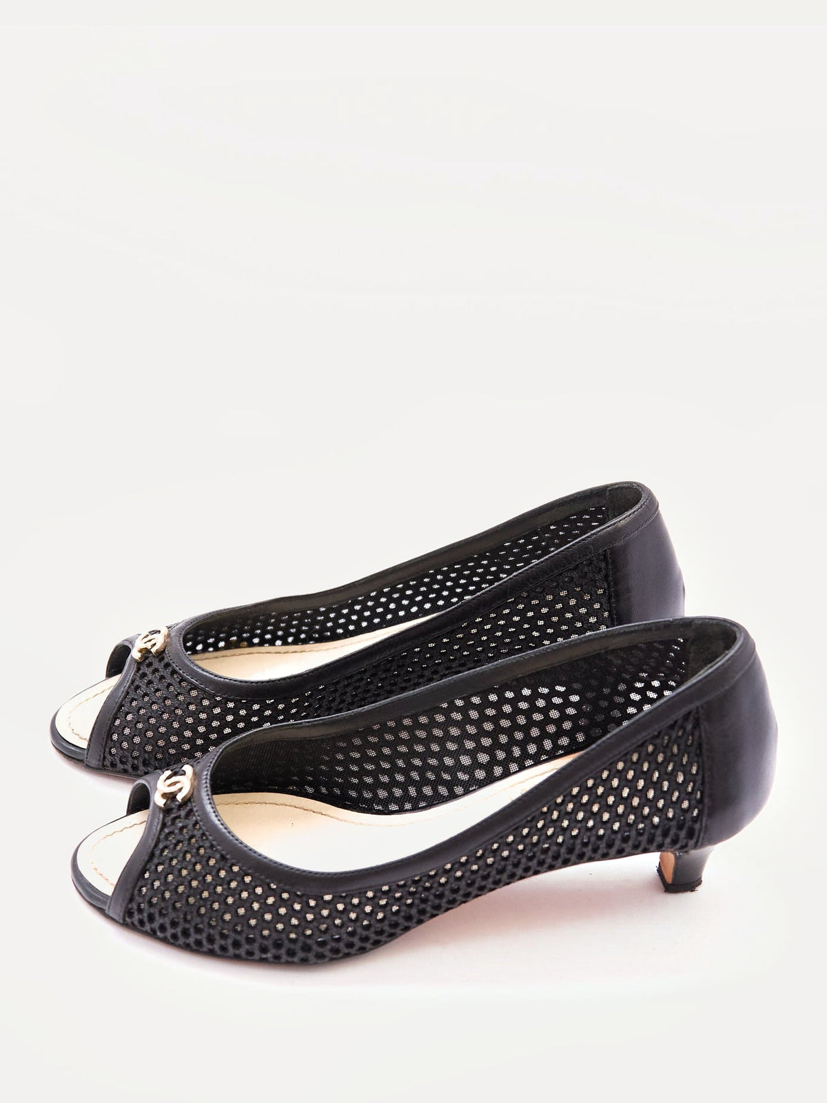 Chanel Black Mesh Peep Toe Kitten Heels Size 35.5