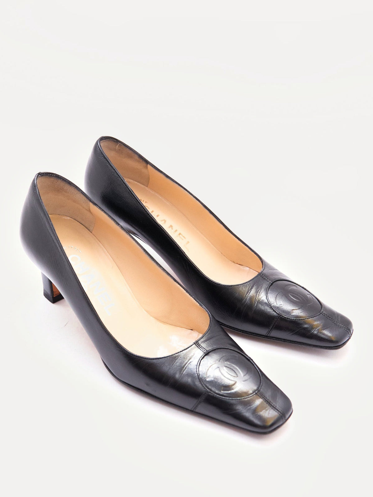 Chanel Black Lambskin CC Square Pumps Size 35