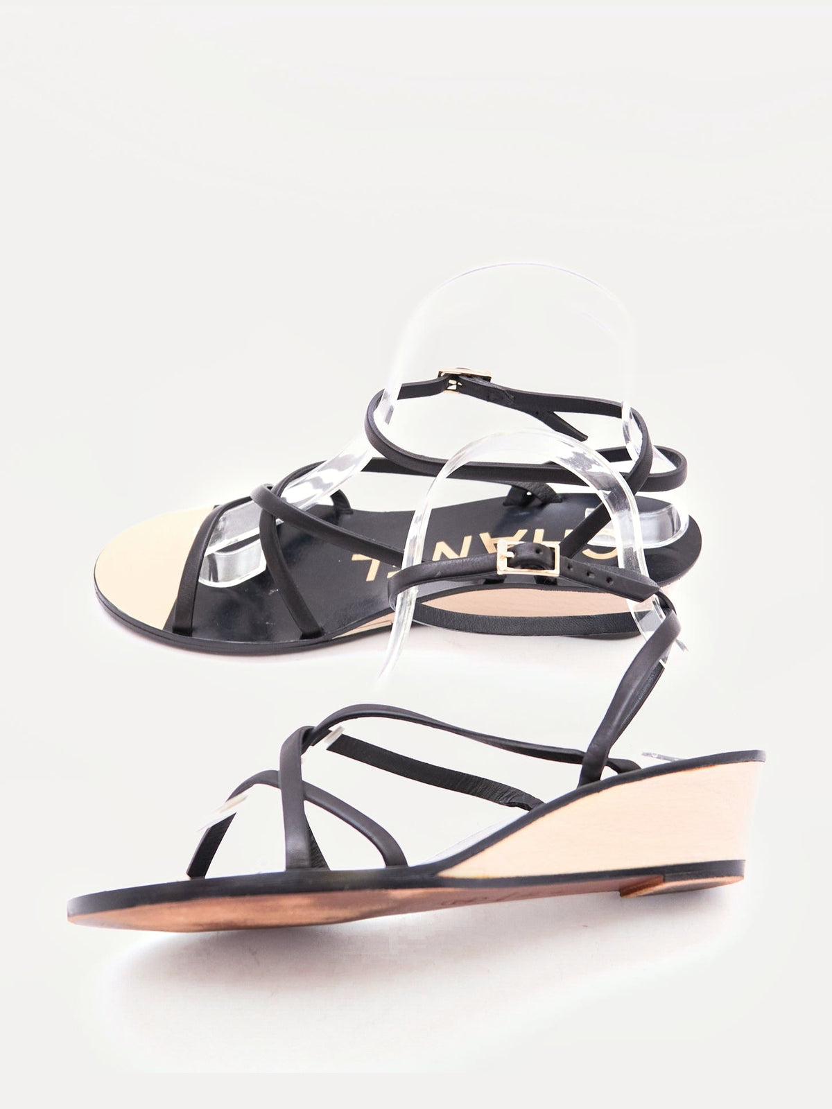Chanel Black Strappy Wedge Sandals Size 36.5