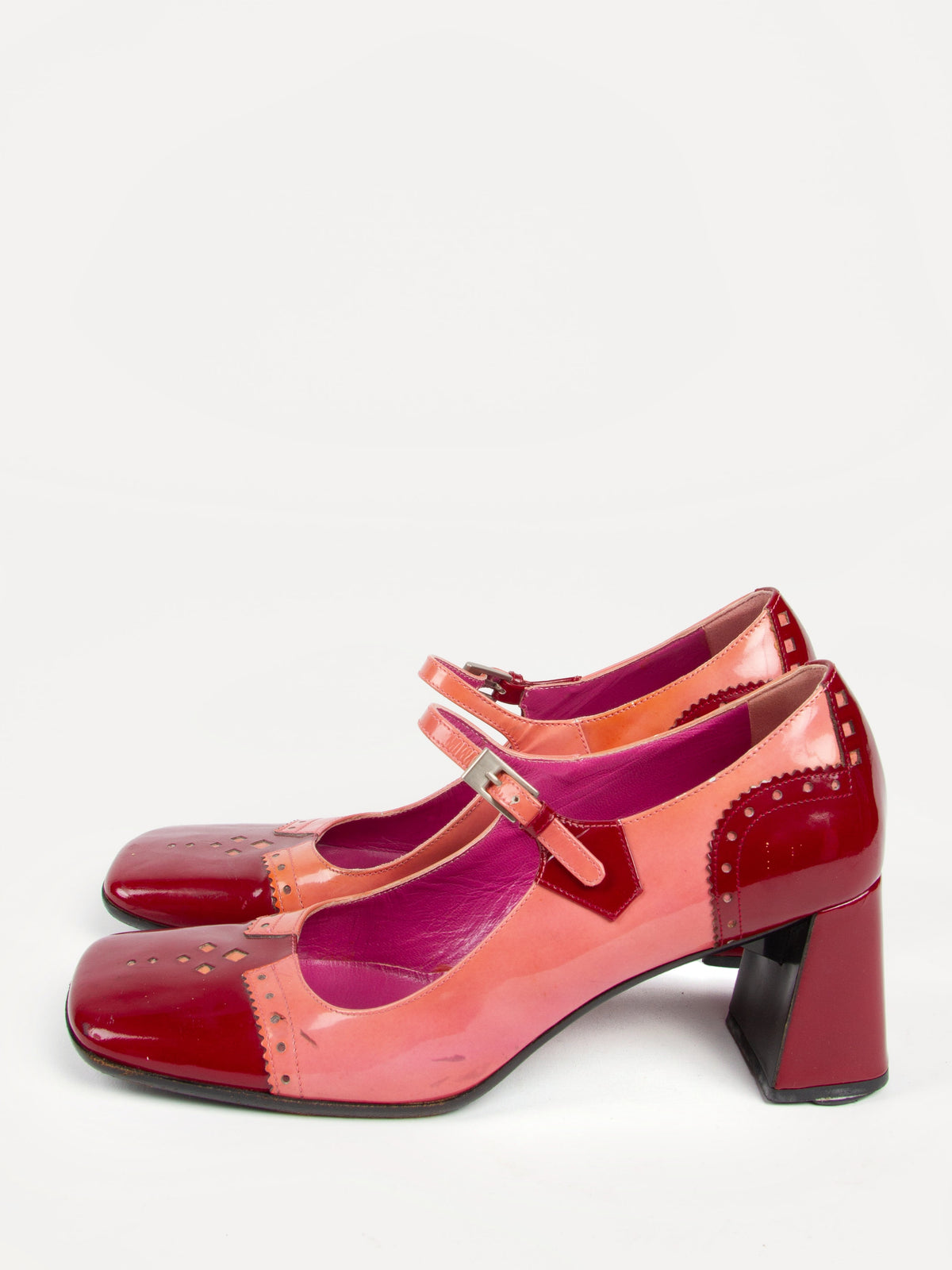 Vintage Prada FW 1999 Size 39 Pink and Red Patent Leather Mary Janes | Y2K Designer Heels Shoes