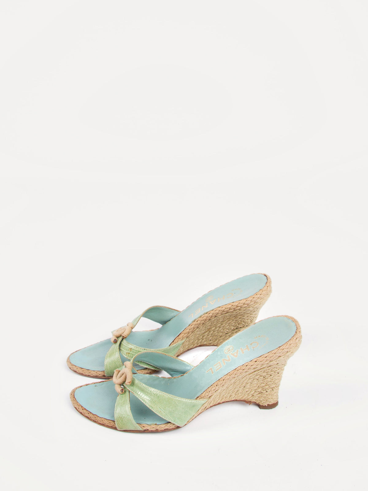 Vintage Chanel 2000s Size 36 Green Blue Espadrille Wedge | Y2K Designer Heels Shoes
