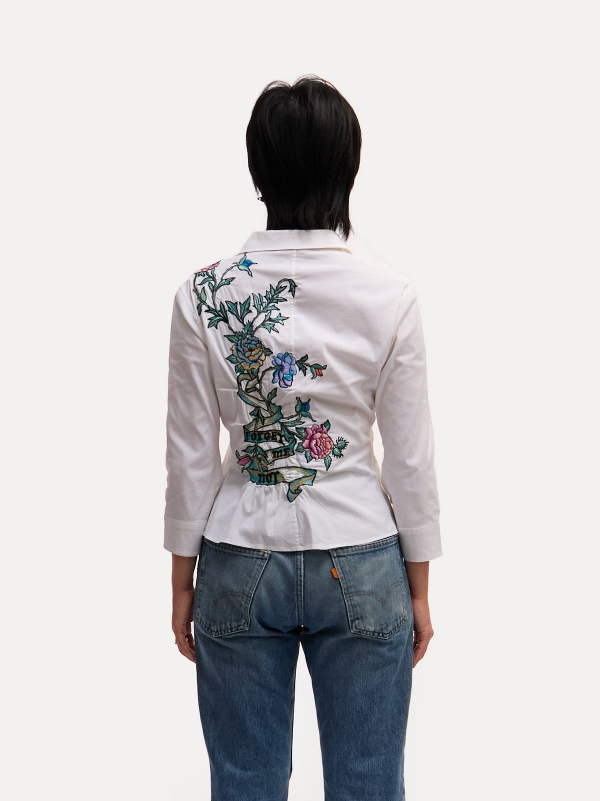 2003 Roberto Cavalli White Amour Embroidered Tattoo Print White Button Down