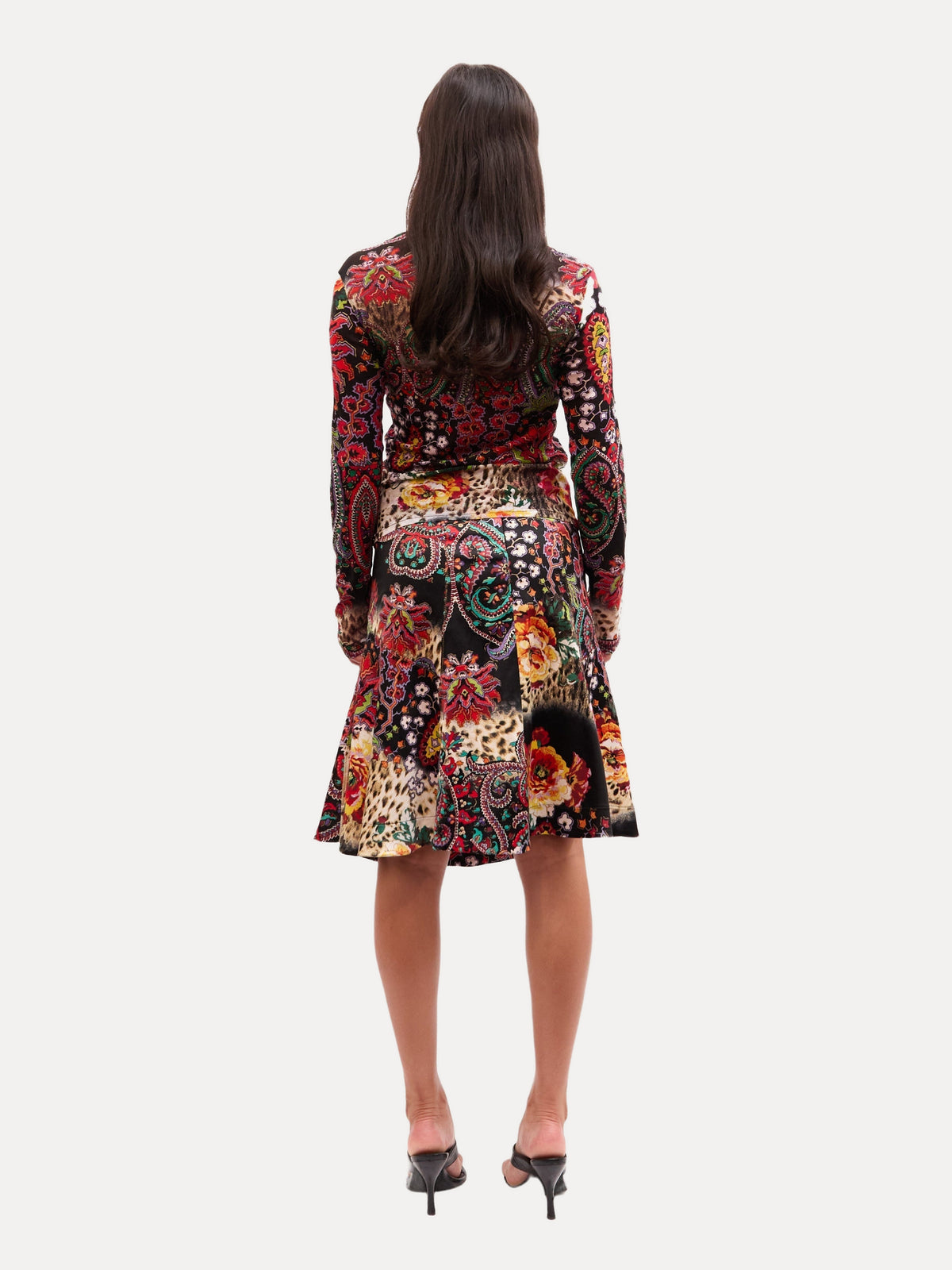 2000s Just Cavalli Multicolor Paisley Floral Patchwork Mesh Top and Mini Skirt Set