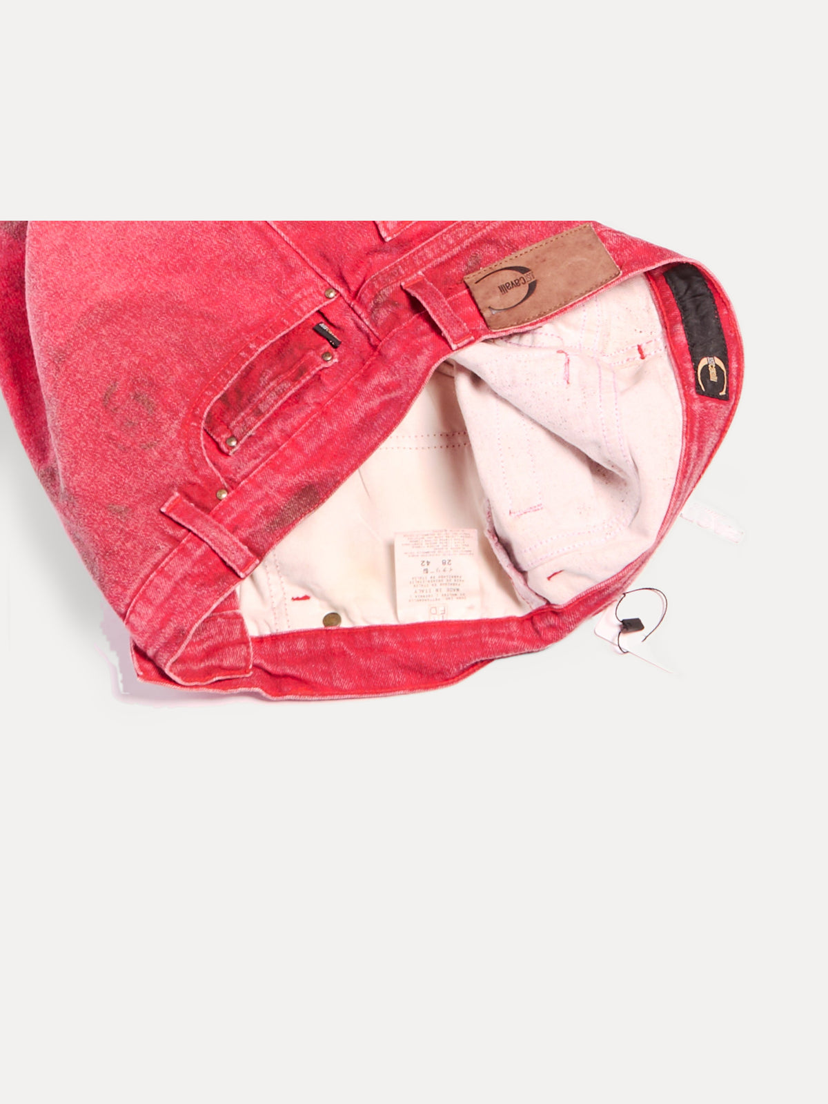 2000s Roberto Cavalli Crimson Red Denim with Black Rose Shadow Print Flare Jeans Size M W29