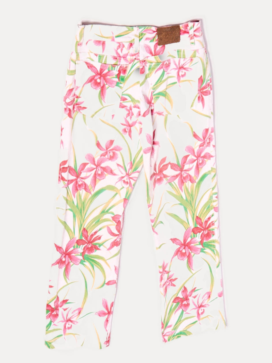 2000s Cavalli Jeans White Red Flower Print Jeans Size S W26