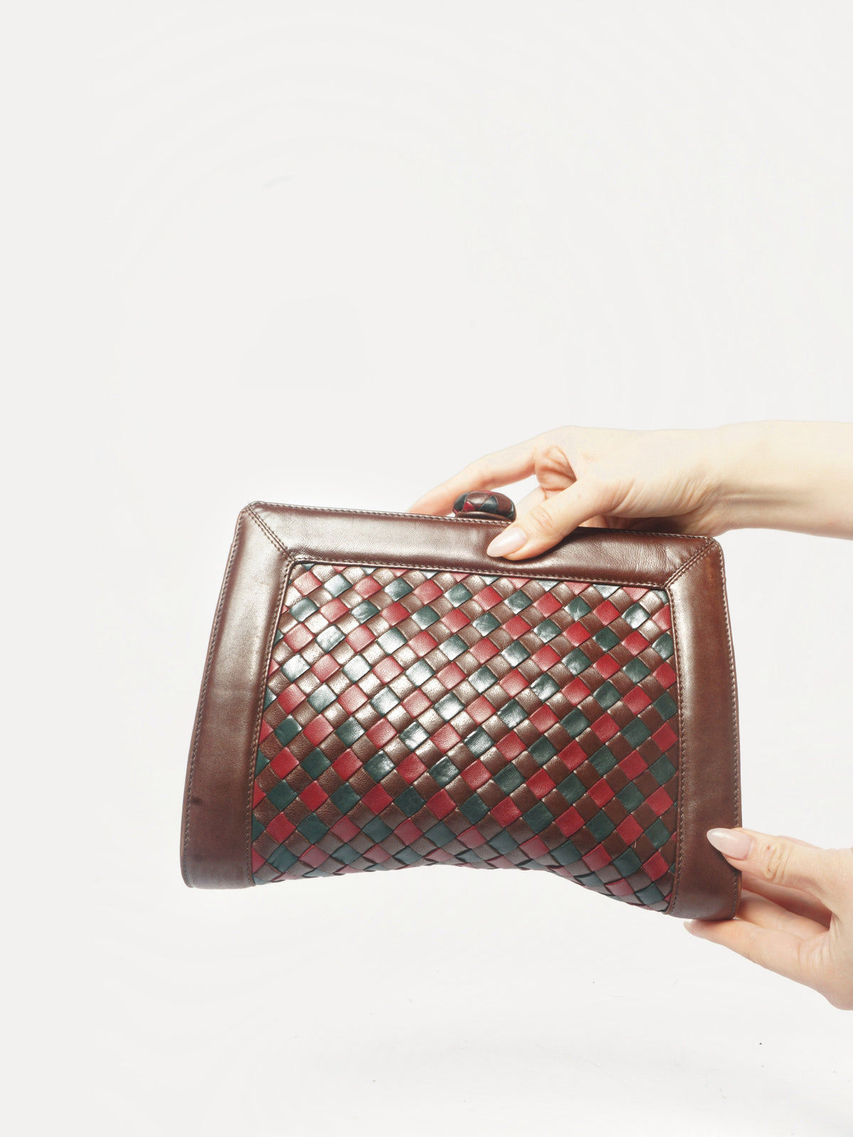 1980's Bottega Veneta Vintage Intrecciato Red & Brown Woven Leather Clutch Bag