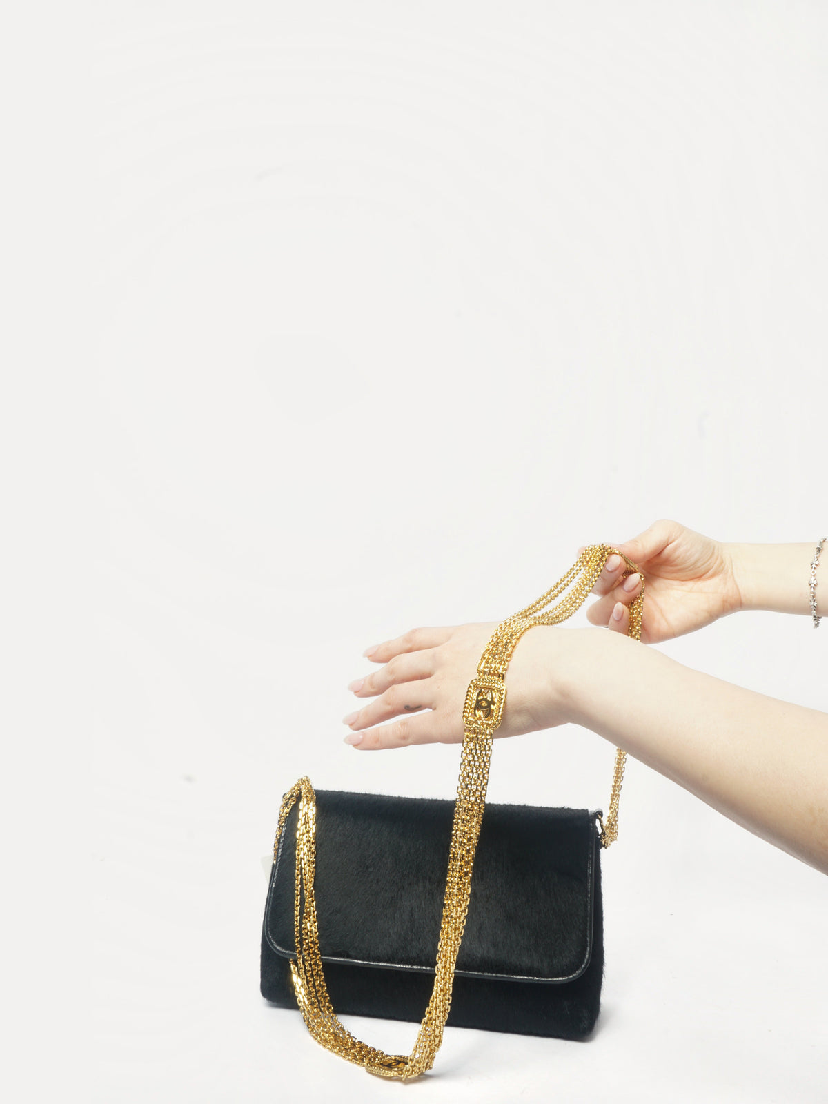 90's Chanel Black Ponyhair Multistrand CC Evening Bag
