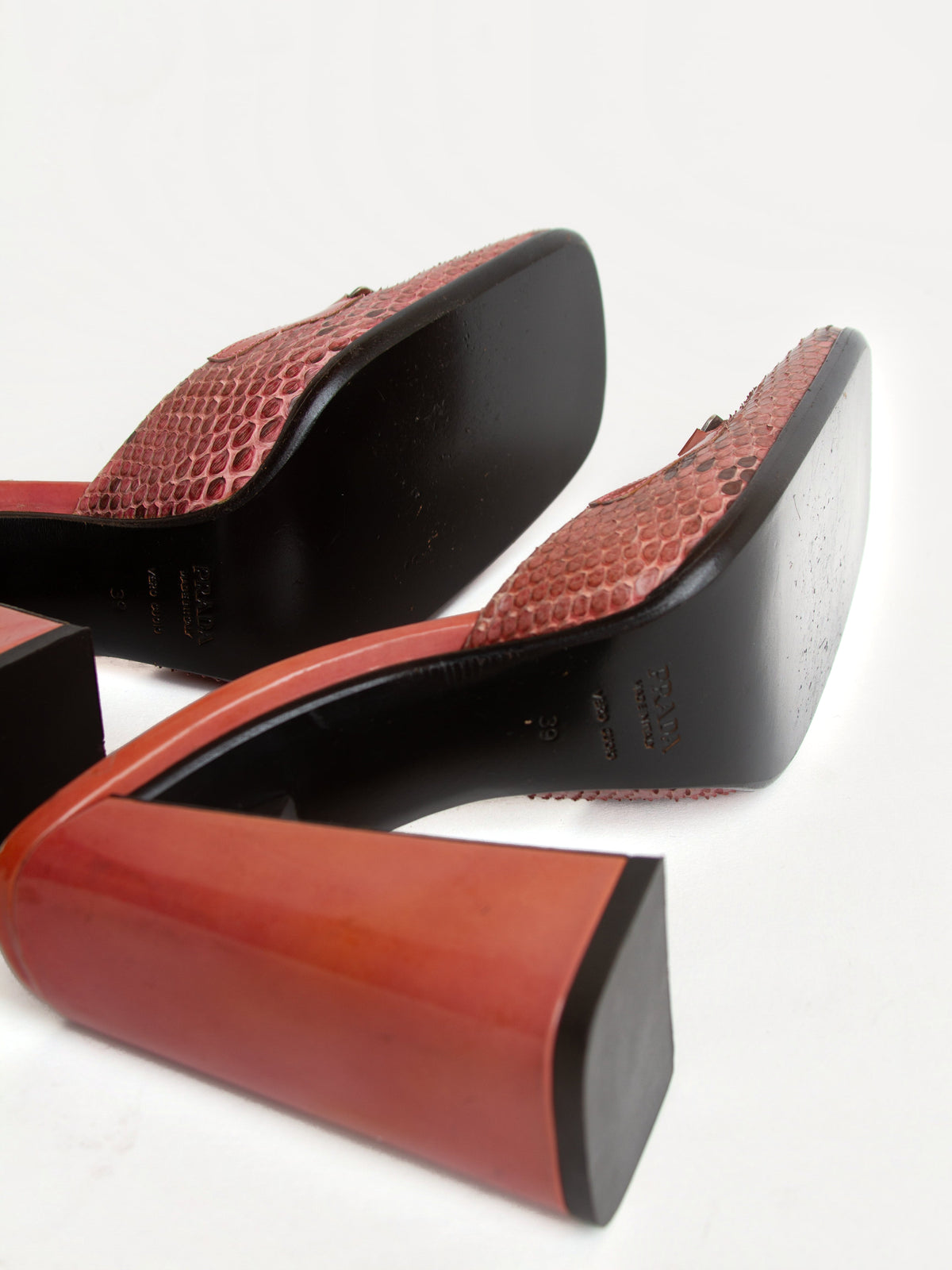 Vintage FW 1999 Prada Size 39 Square Toe Snakeskin Block Heels | Y2K Designer Shoes