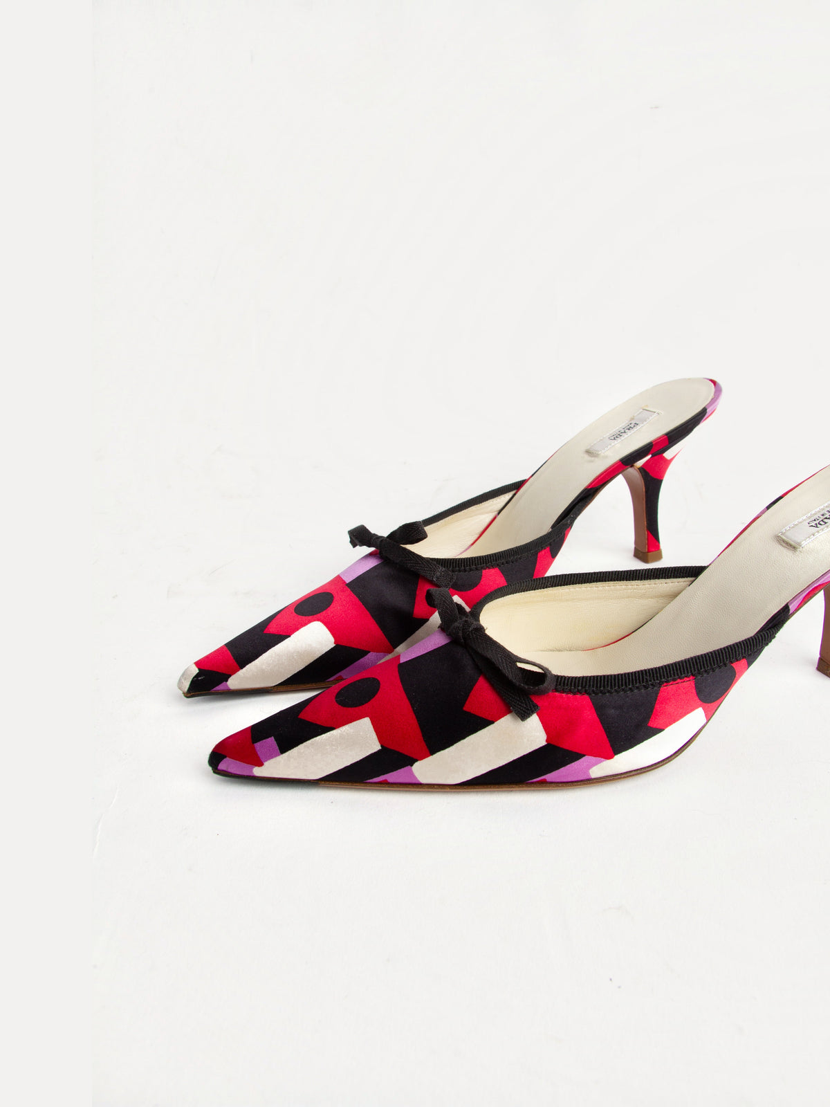 Vintage Prada 2000s Size 37.5 Multicolor Satin Pointed Toe Kitten Heels | Y2K Designer Heels Shoes