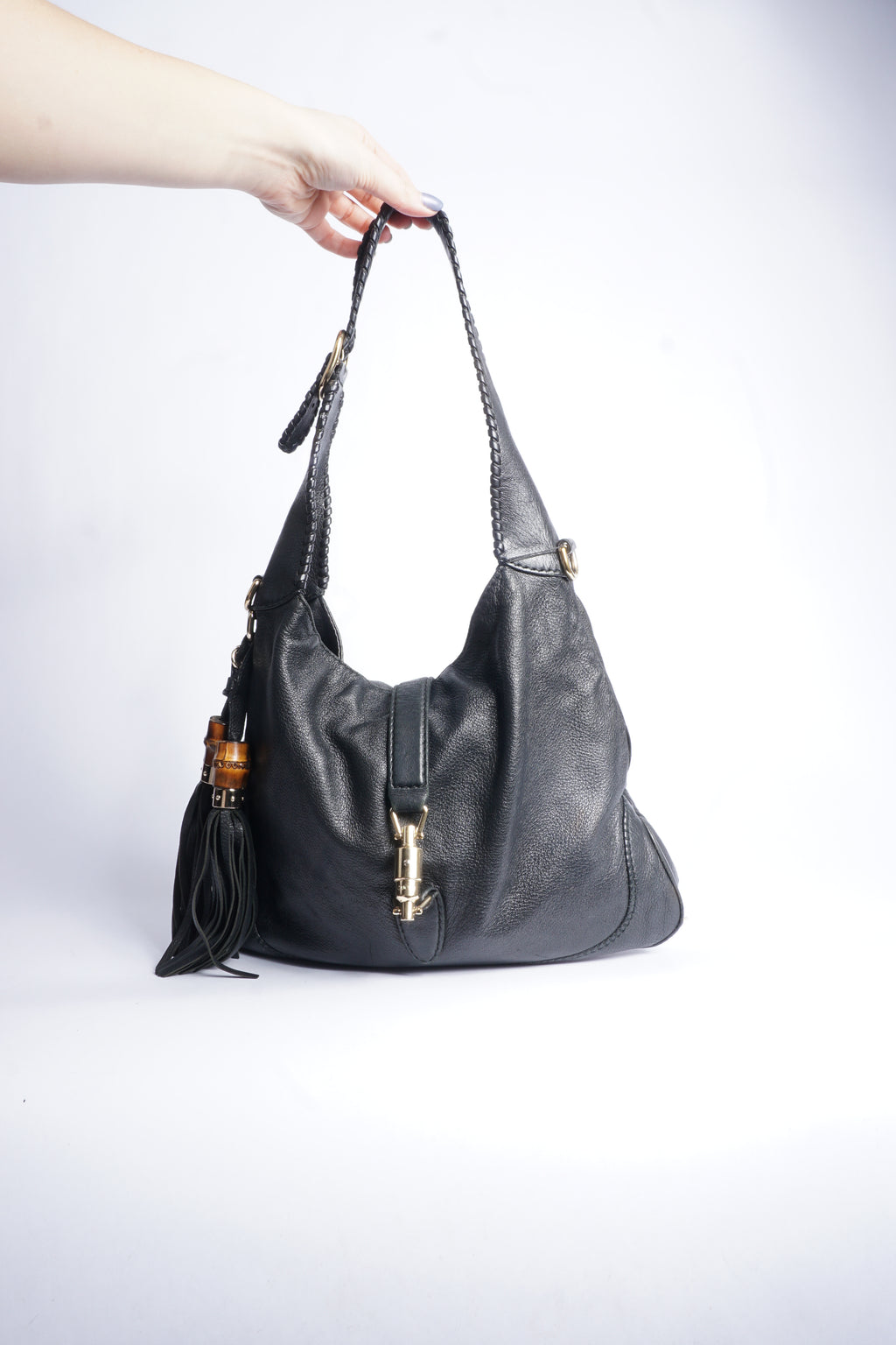 Gucci Black Leather Piston Lock Jackie