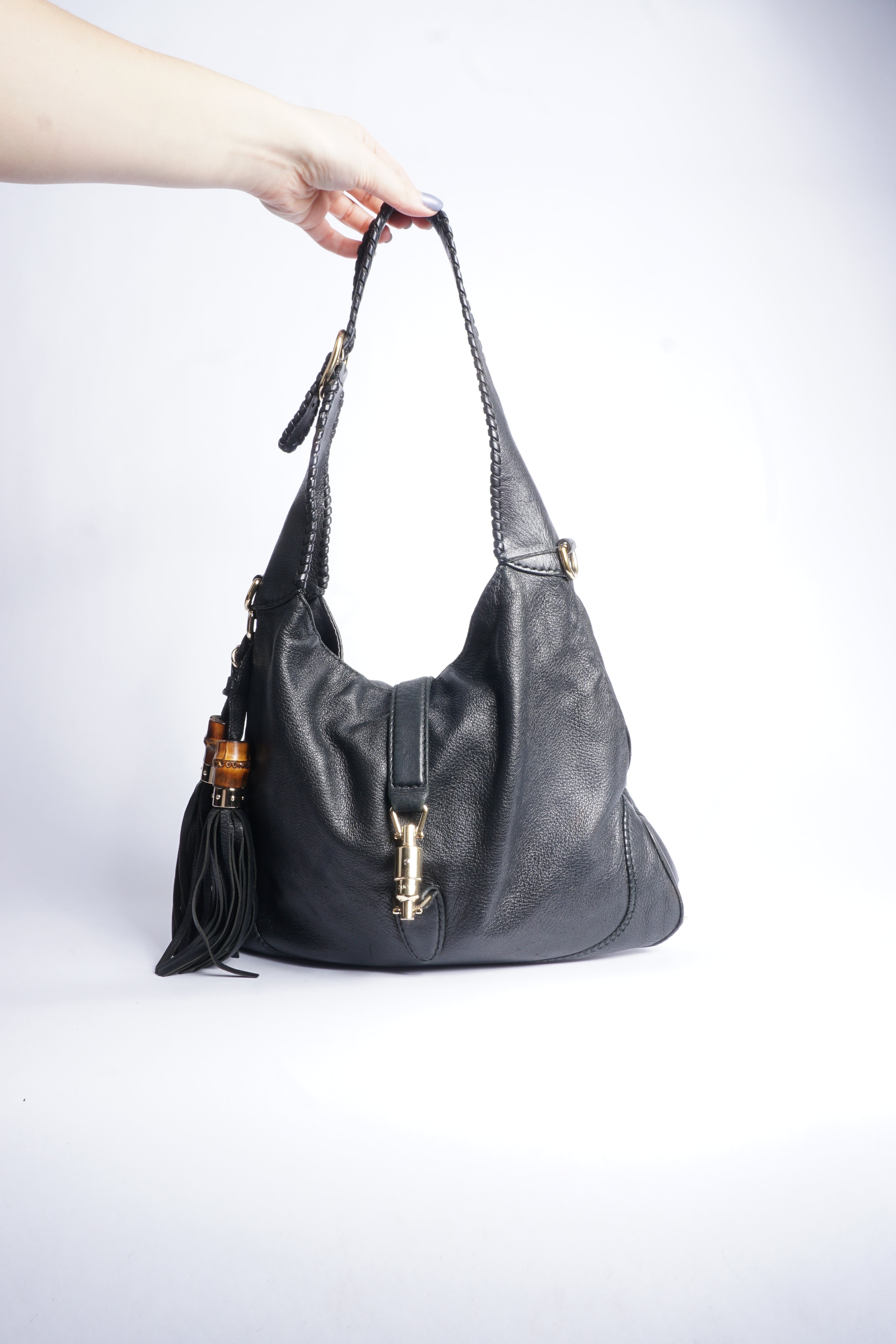 Gucci Black Leather Piston Lock Jackie