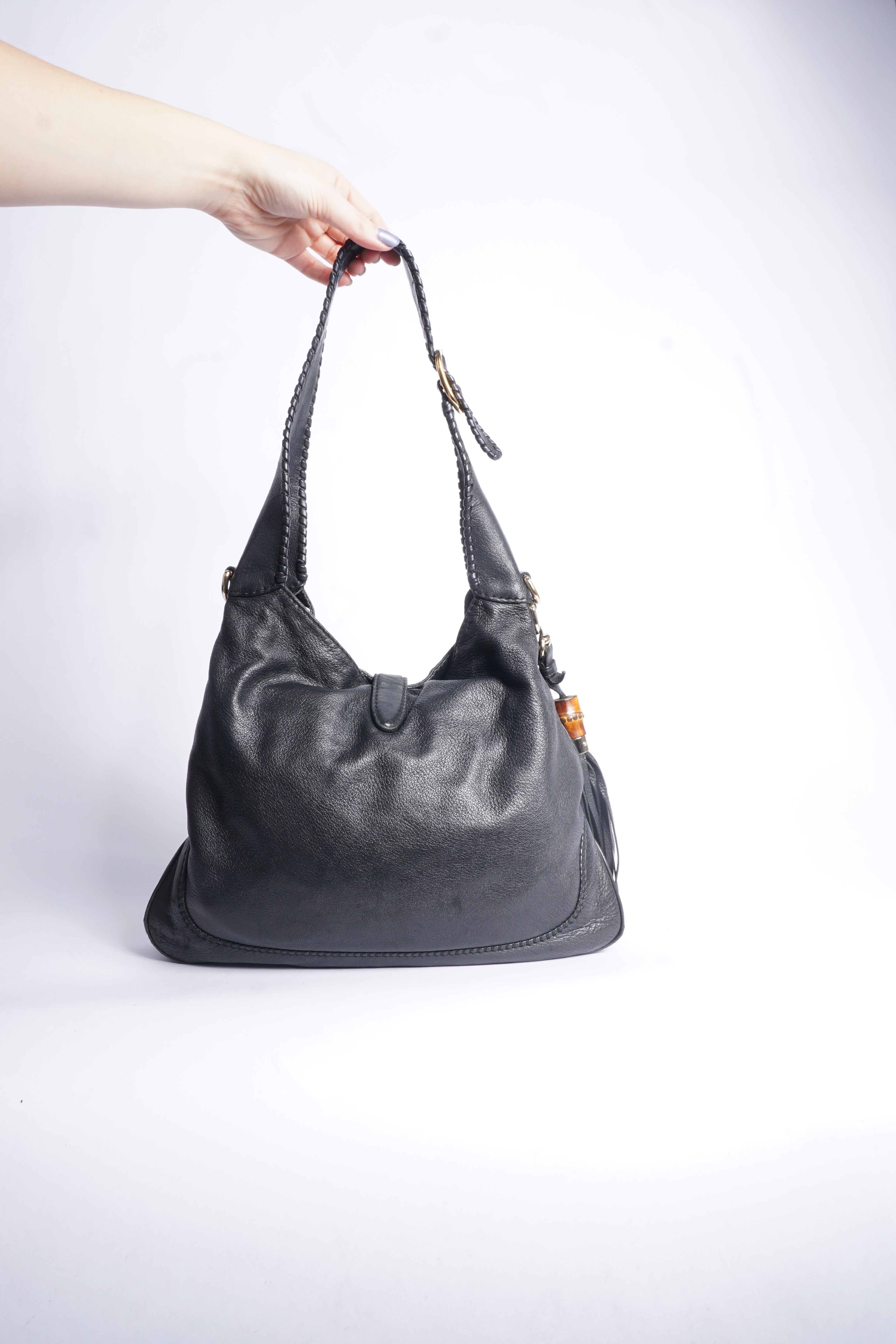Gucci Black Leather Piston Lock Jackie