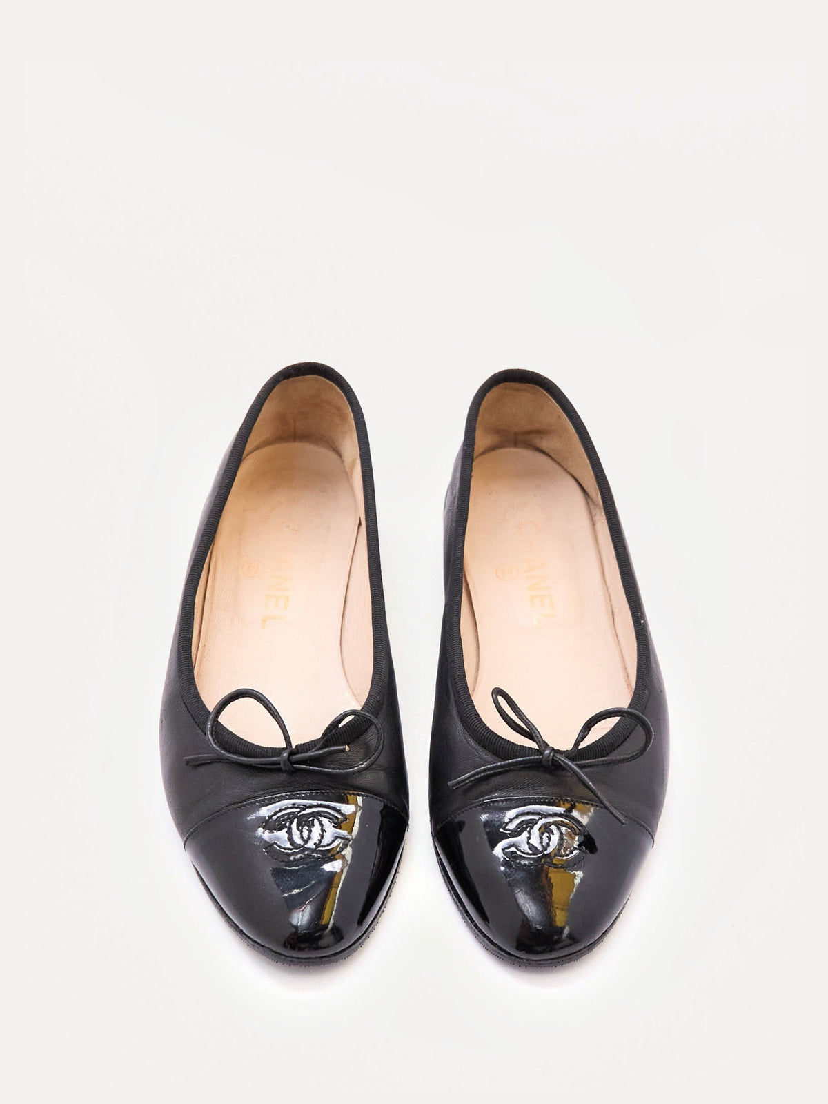 Chanel Black Leather Patent Cap Toe Flat Size 36.5