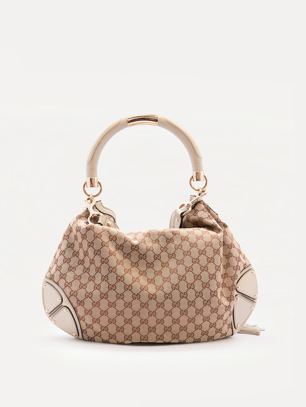 00's Gucci Indy Bamboo Beige GG Canvas Sholder Bag