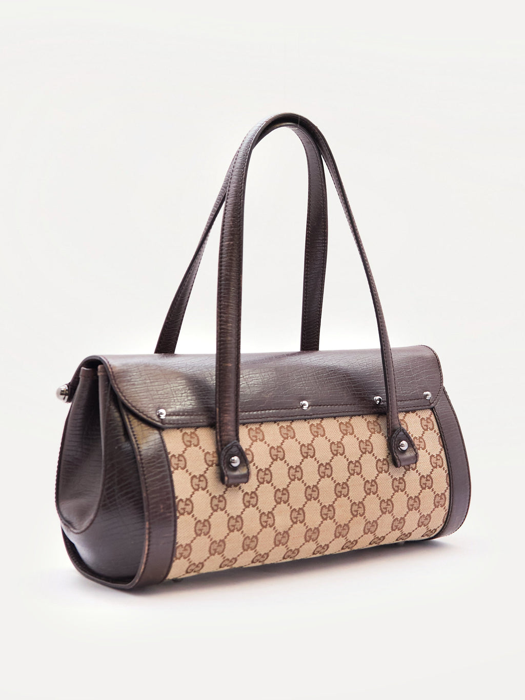 00's Gucci Bullet Bamboo Brown GG Canvas Handbag