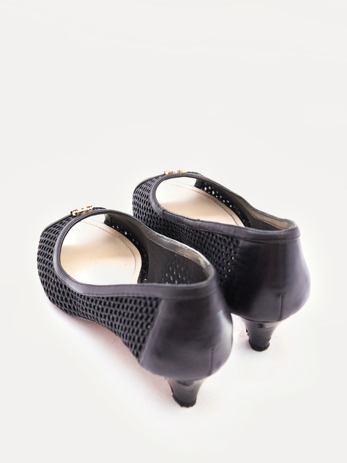 Chanel Black Mesh Peep Toe Kitten Heels Size 35.5