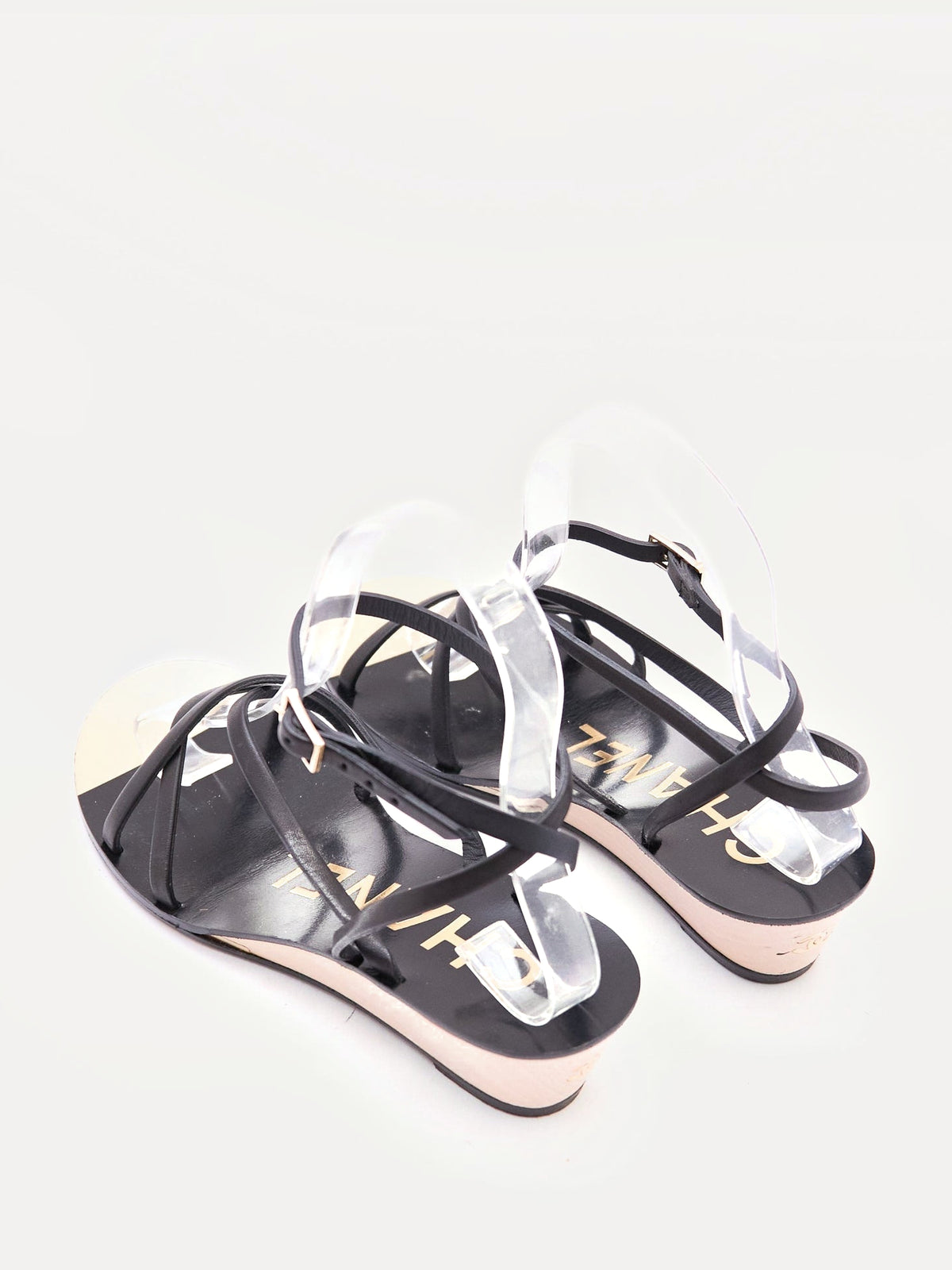 Chanel Black Strappy Wedge Sandals Size 36.5