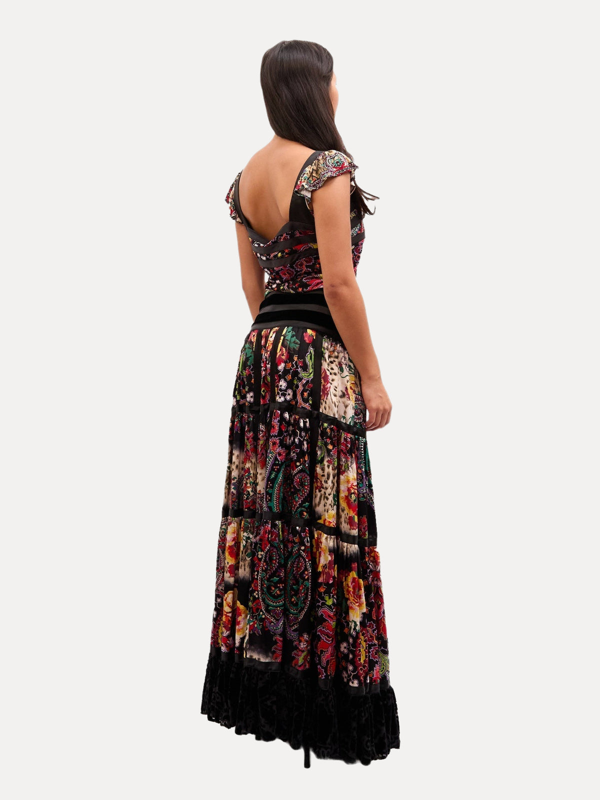 2000s Just Cavalli Multicolor Paisley And Leopard Print Black Velvet Ruffle Maxi Skirt Set