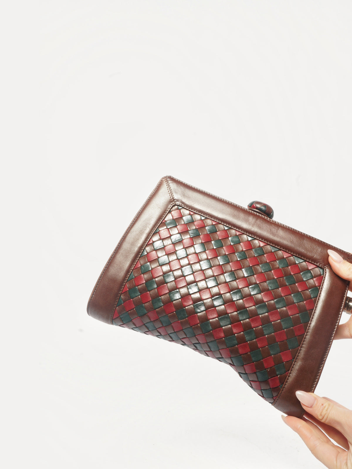 1980's Bottega Veneta Vintage Intrecciato Red & Brown Woven Leather Clutch Bag