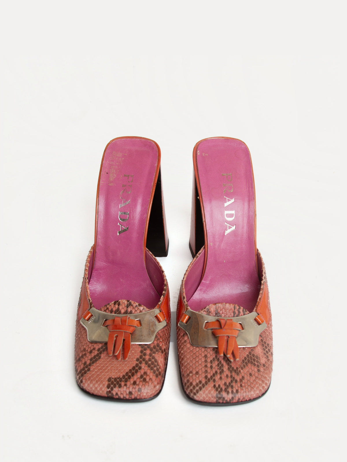 Vintage FW 1999 Prada Size 39 Square Toe Snakeskin Block Heels | Y2K Designer Shoes