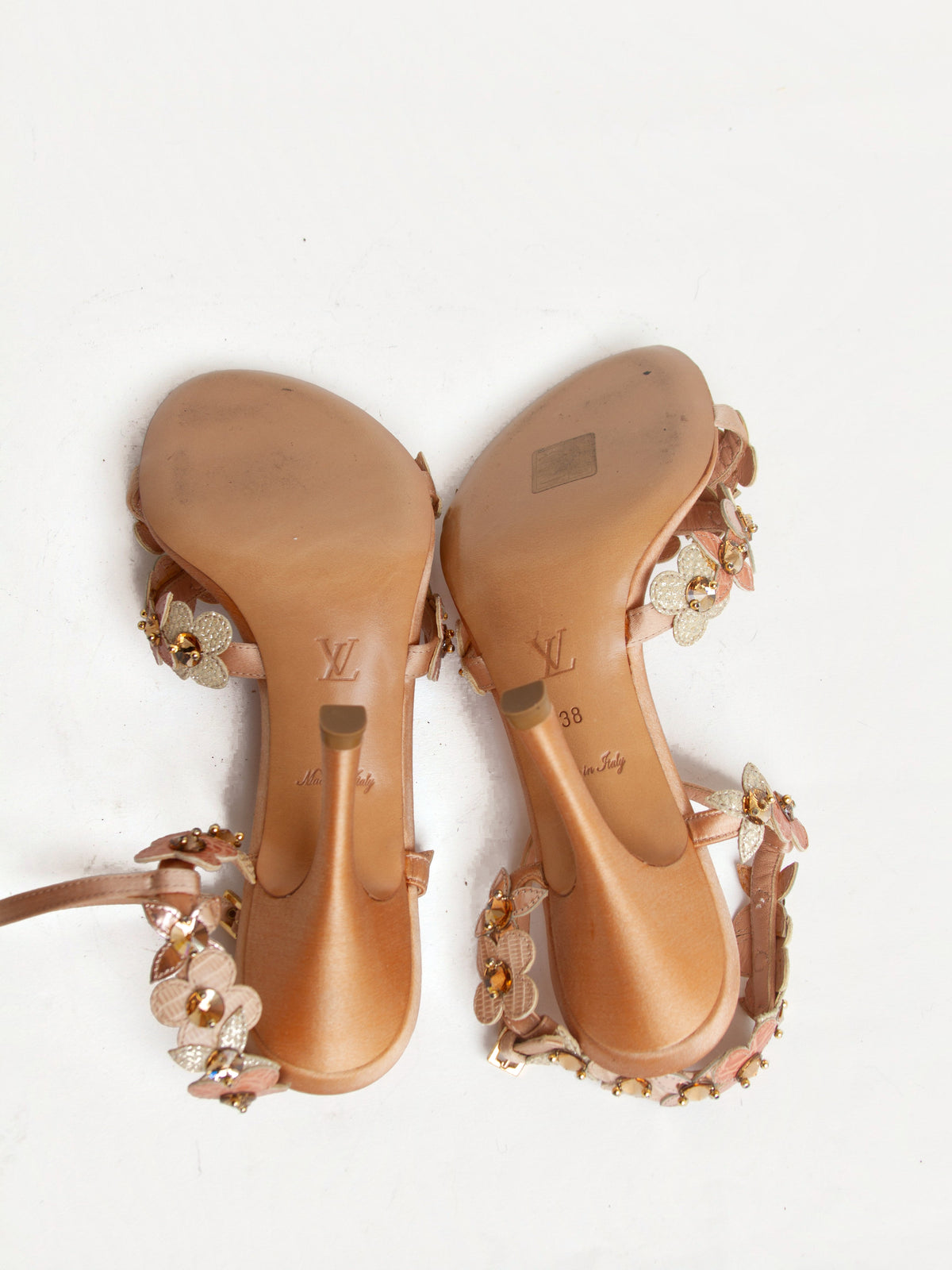Louis Vuitton Size 38 Rose Gold Leather Flower Crystal Embellished Sandals with Box | Y2K Designer Shoes Heels